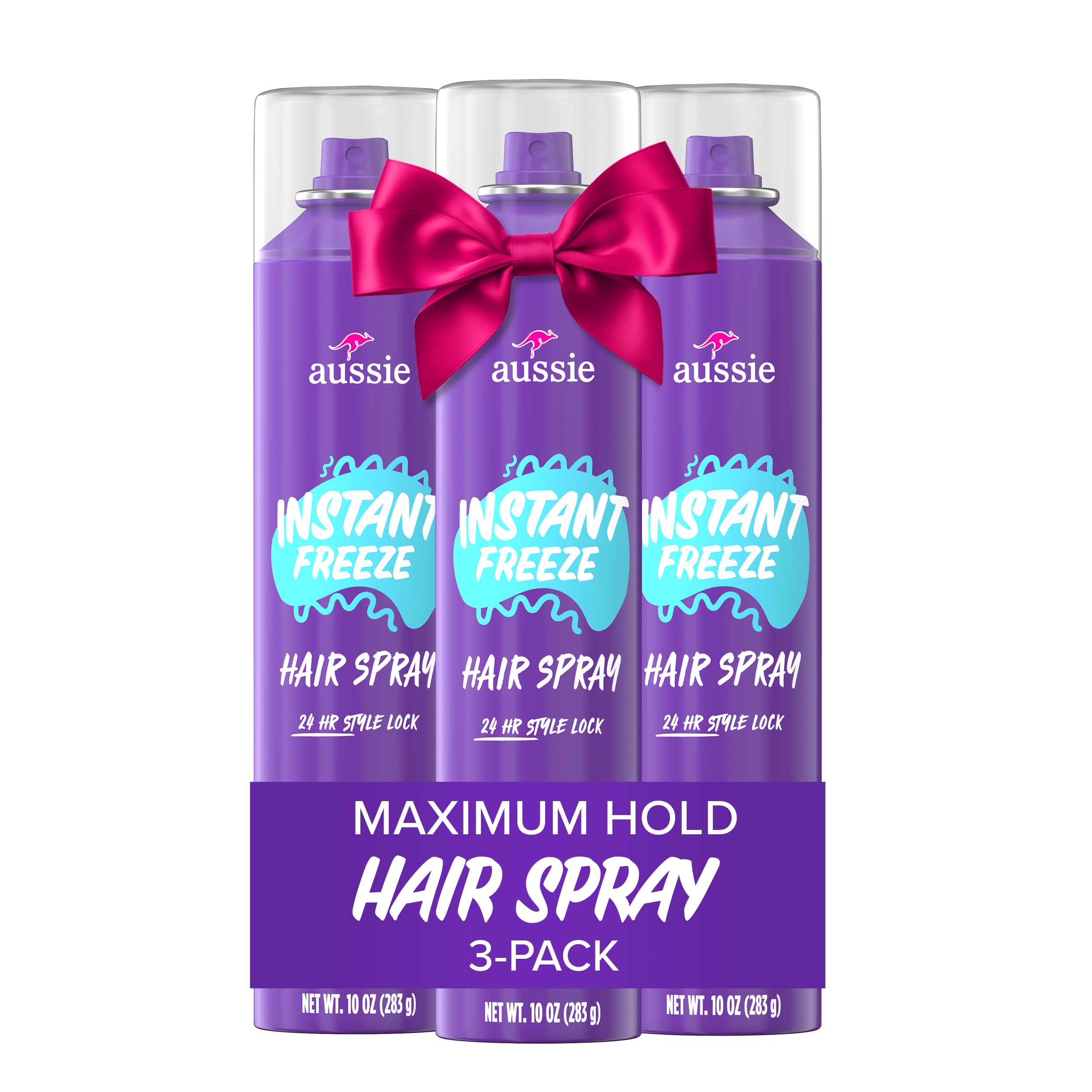 Aussie Instant Freeze Hair Spray for Extreme Hold, Infused with Jojoba Oil & Sea Kelp, Long-Lasting All-Day Fresh Citrus Scent, Safe for All Hair Types, 10 Fl Oz, 3 Pack
