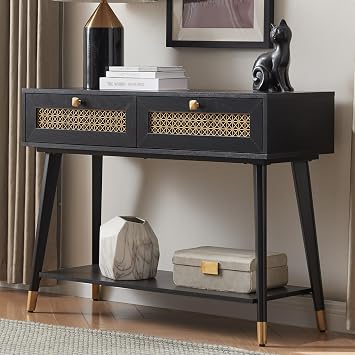 EDYO LIVING Mid Century Modern Console Table with 2 Drawers and Open Shelf, Narrow Wood Entryway Table for Living Room, Hallway, Bedroom, Foyer Black