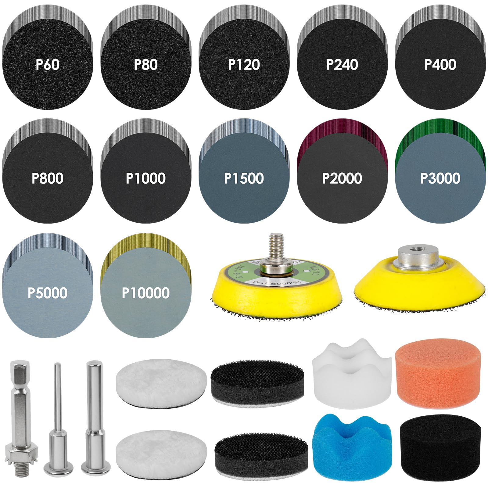 193PCS 2 Inch Sanding Discs and Polishing Buffing Pads Kit, 60 to 10000 Grit Wet and Dry Sandpaper, Drill Sanding Attachment for Car Headlight Restoration, Alloy Wheel Repair, Wood and Metal