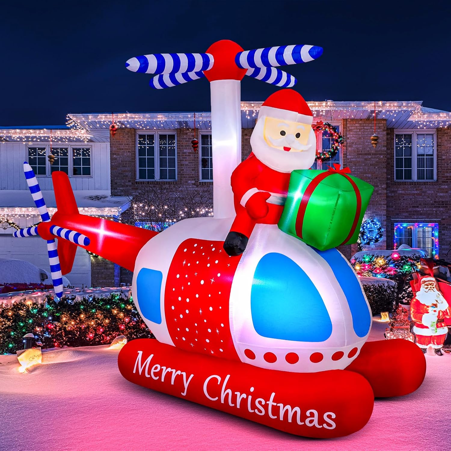 9.7 FT Christmas Inflatables Santa Helicopter Outdoor Decorations, Blow Up Santa Claus Flying Airplane with Gift Bag and Built-in LED Lights, Xmas Yard Lawn Garden Home Holiday Party Decor