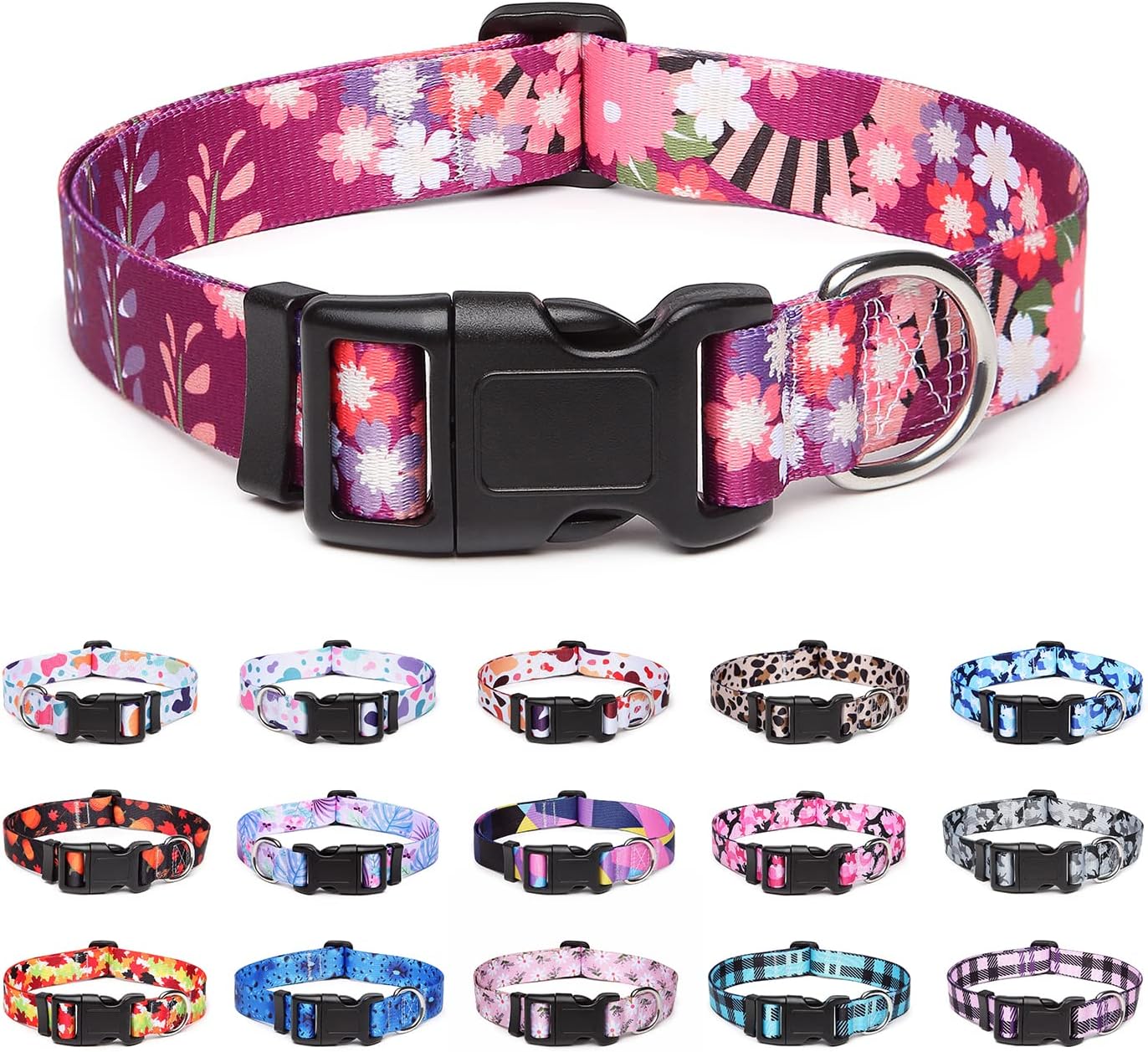 Adjustable Dog Collar with Patterns, Ultra Comfy Soft Nylon Breathable Pet Collar for Small Medium Large Dogs (L, Colorful Flower