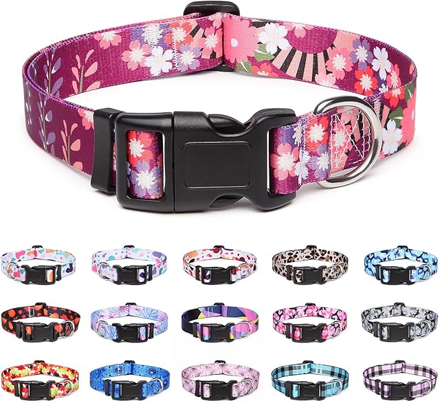 Suredoo Adjustable Nylon Dog Collar with Patterns, Soft Comfy Pet Collar for Small Medium Large Dogs (S, Colorful Flower)