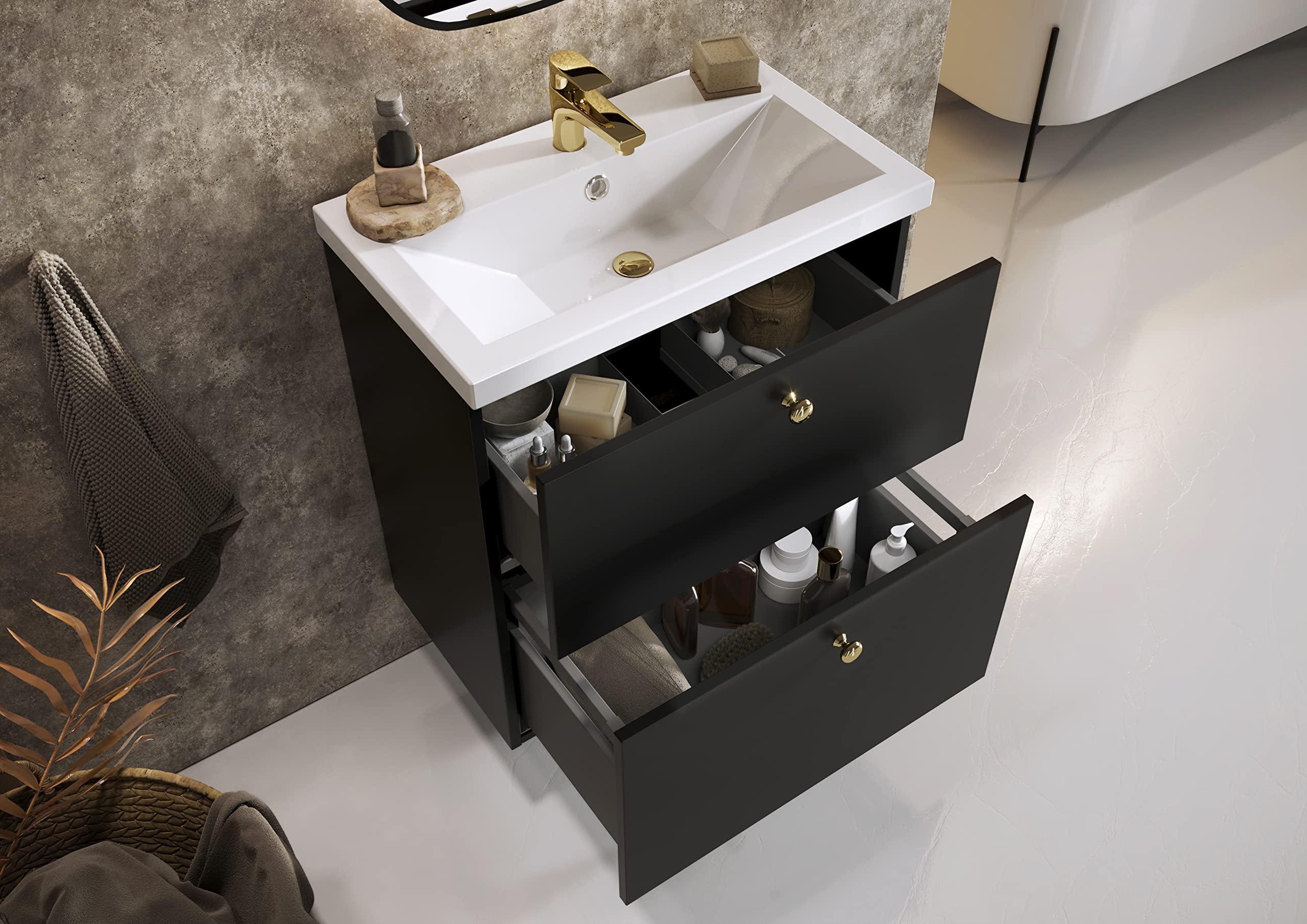 Set arredo bagno OKAY 60cm Laccato NERO OPACO Lavabo in ceramica con chiusura rallentata Lavabo con pensile Mobile bagno con lavabo Mobile sottolavabo Moderno Elegante Cassetti