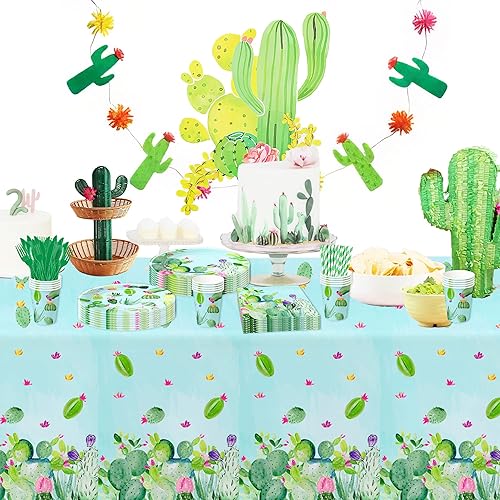 Miniatura 6 de Vajilla para decoración de fiesta de cactus – Suministros para suculentas, plato, taza, servilleta, mantel, cubiertos, pajilla, cactus taco, tema de