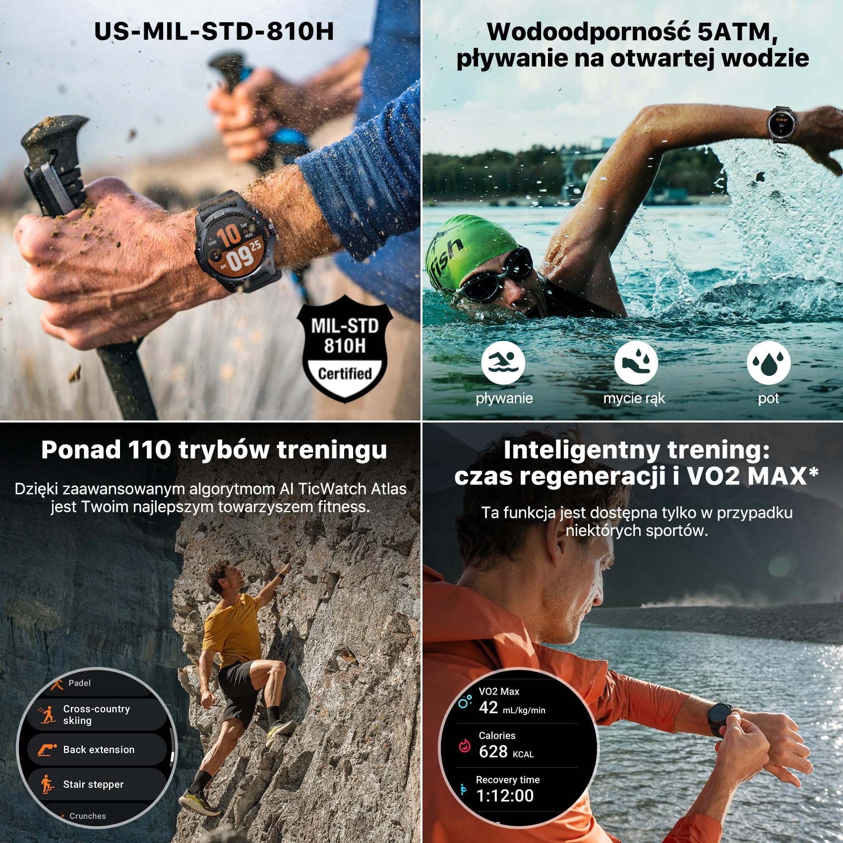 TicWatch Atlas Smartwatch dla mężczyzn Android Wear OS Smart Watch Outdoor Bateria 90 godzin 110+ trybów ćwiczeń Mapa cieplna Wykrywanie upadków Monitor zdrowia i kondycji 5ATM GPS Kompas (Czarny)