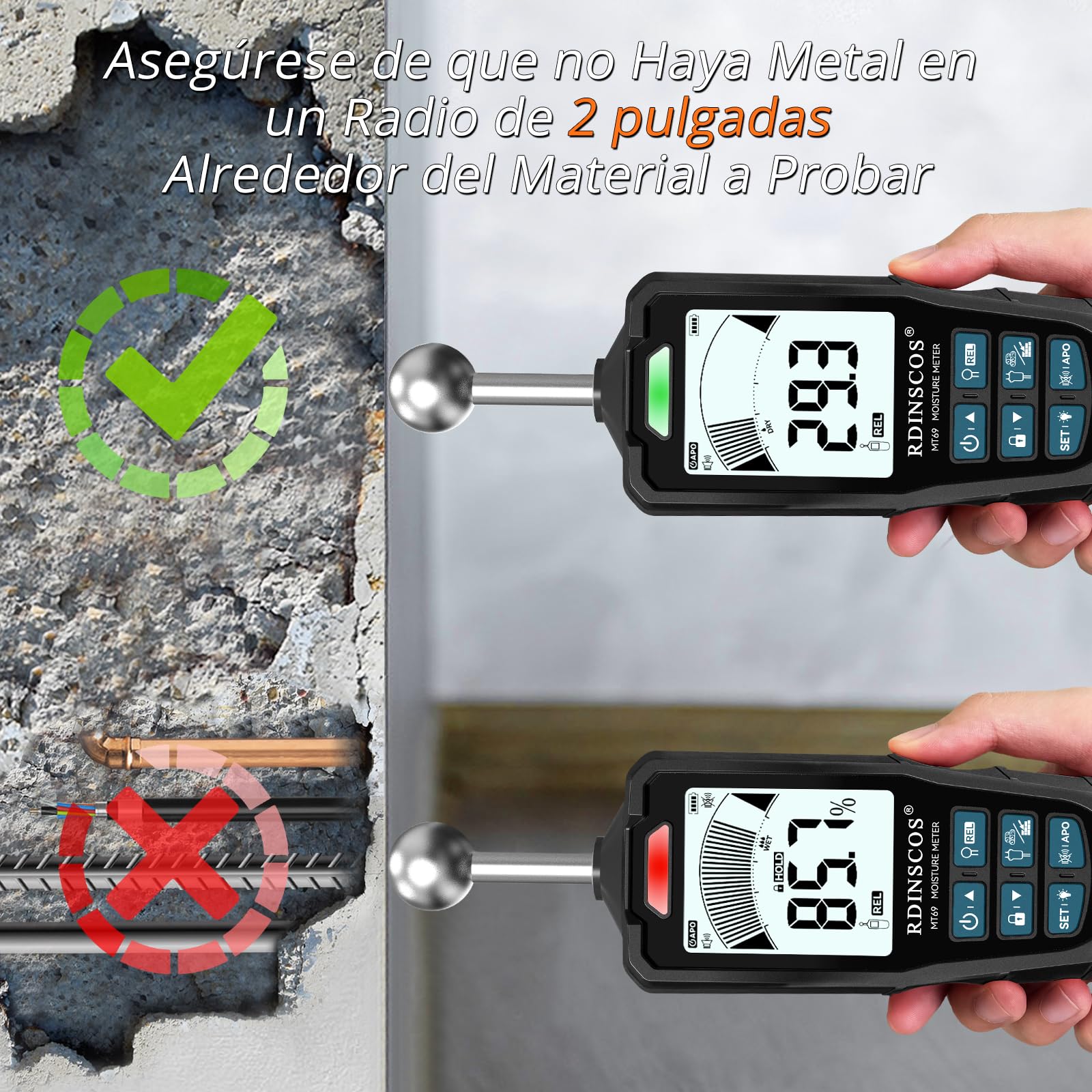 RDINSCOS Medidor de Humedad con Pin & sin Pin,Medidor de Humedad Pared con Pantalla LCD y Alarma Audible para Paredes, Madera