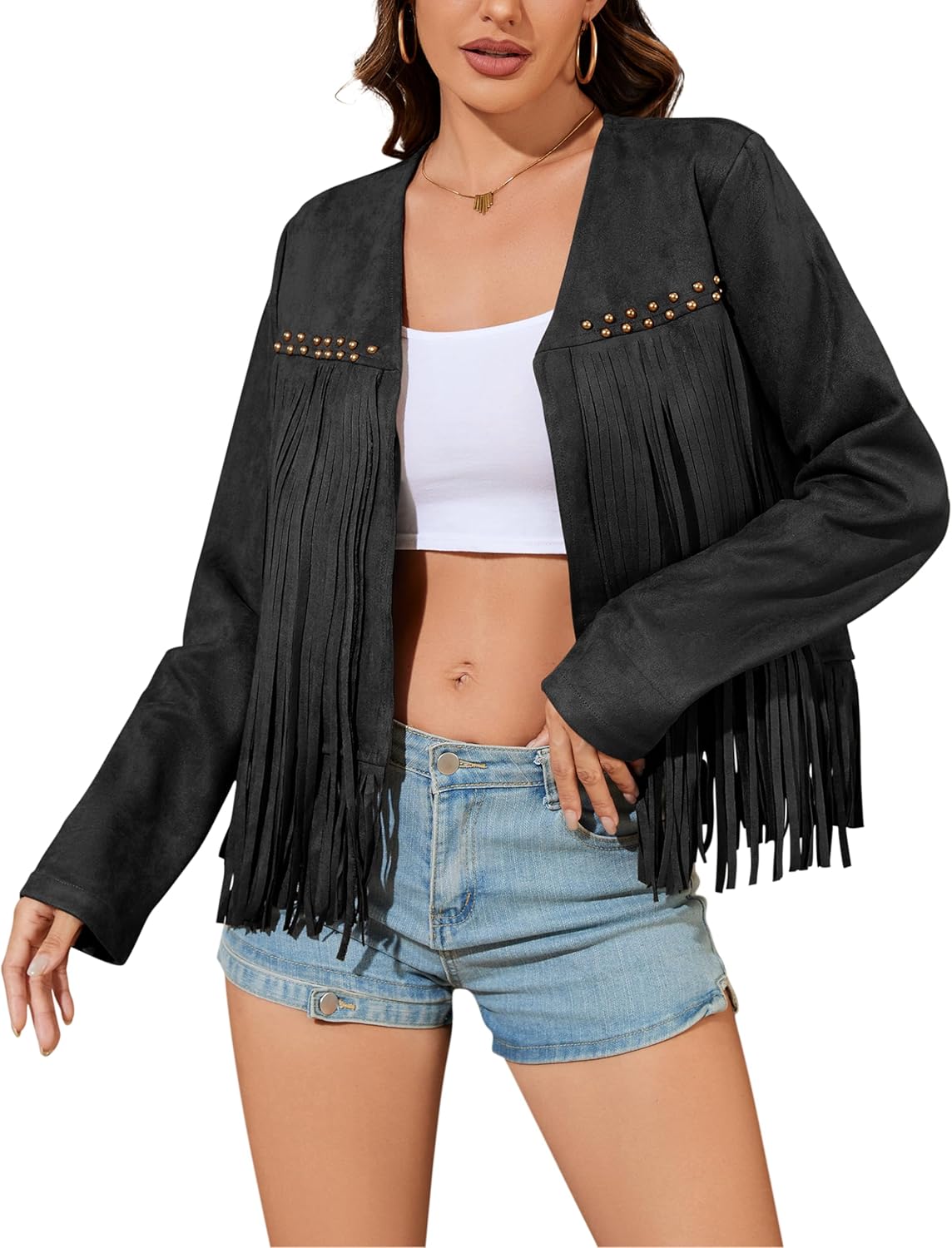 Leather Jacket Women Oversized Fringe Cropped Faux Suede Long Sleeve Western Cowgirl Motorcycle Coat with Pockets