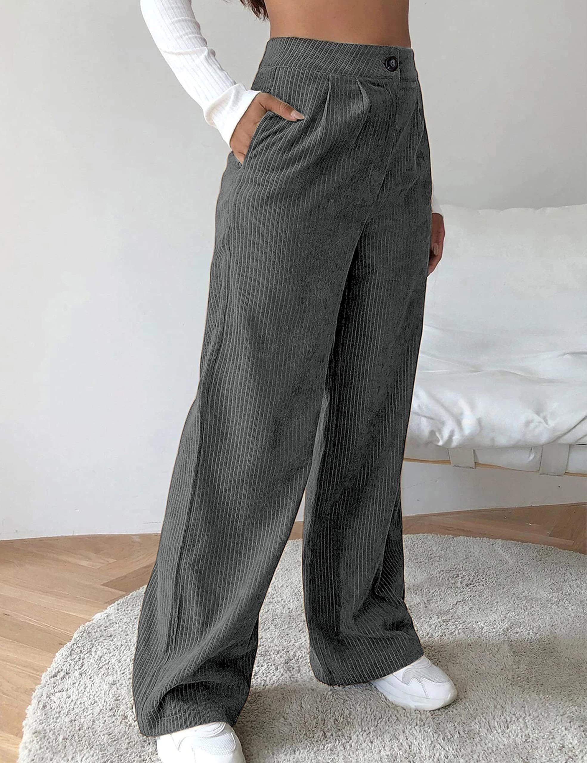 SCUSTY Women's Vintage Corduroy High Elastic Waist Wide Leg Pocketed Pants Trouser