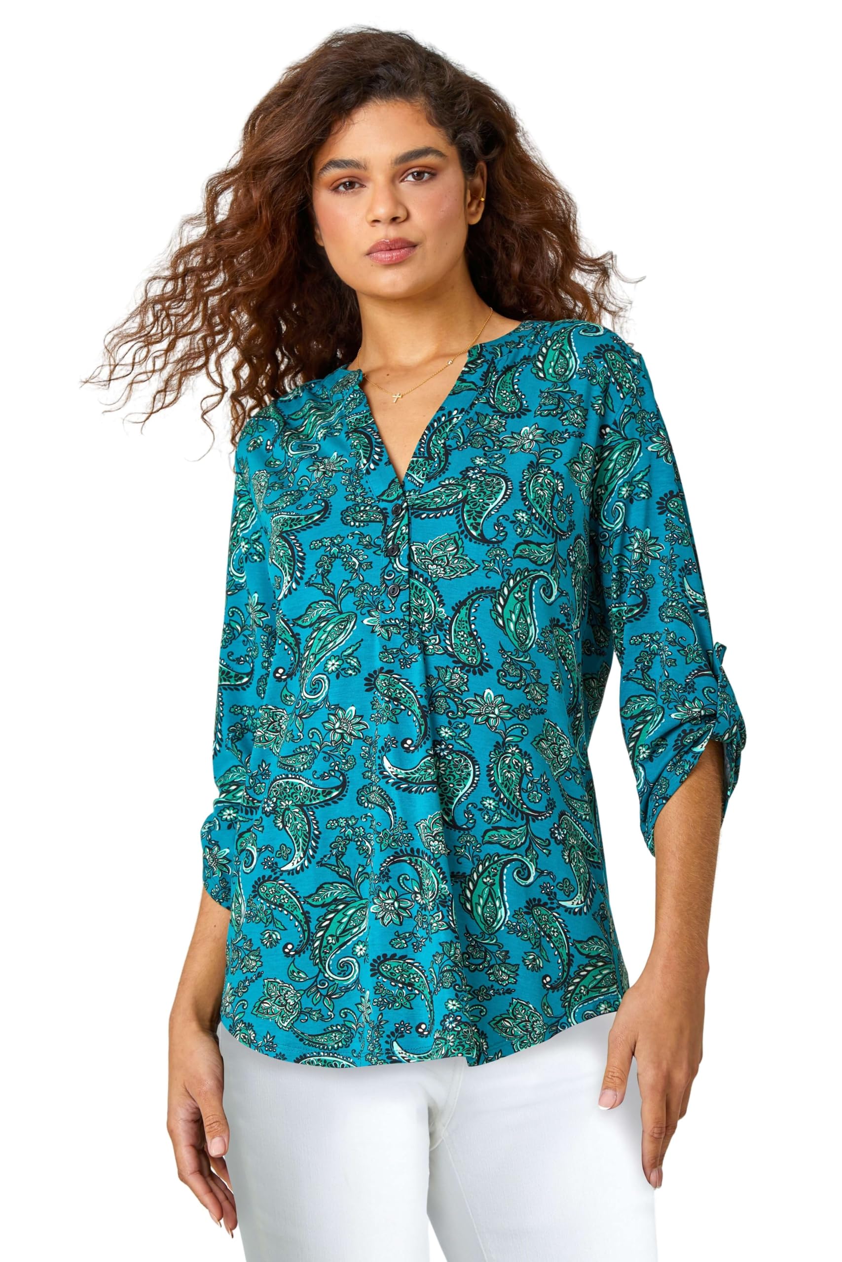 Roman Women's Teal Paisley Jersey V-Neck Stretch Shirt Size 12