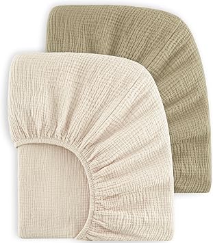 Bearmoss Muslin Crib Sheets 100% Cotton Baby Crib Sheets Fitted for Standard Crib Mattress & Toddler Bed Mattress 52"x28" Soft Breathable Crib Sheet Neutral for Boys Girls - 2 Pack Oat Latte