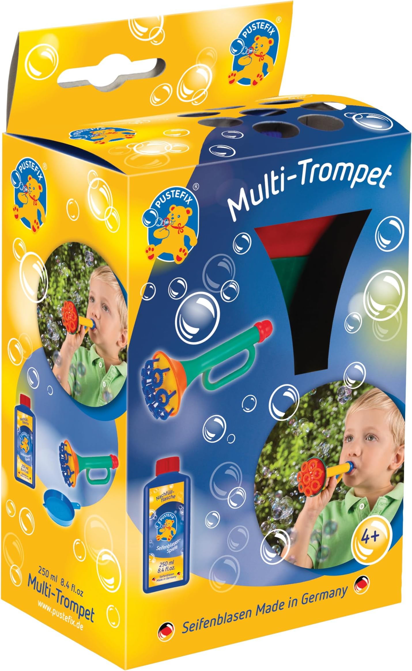 PUSTEFIX Multi Bubble Trumpet, 250ml Bubble Solution, Colourful Bubbles, Made in Germany, Soap Bubbles Toy for Children's Birthdays, Weddings, Parties for Children and Adults