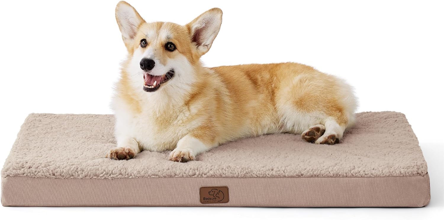 bedsure large dog bed for crate - orthopedic waterproof pet beds with removable washable cover, egg crate foam crate mat, suitable for pet up to 50 lbs 35.0"l x 22.0"w x 3.0"th light brown