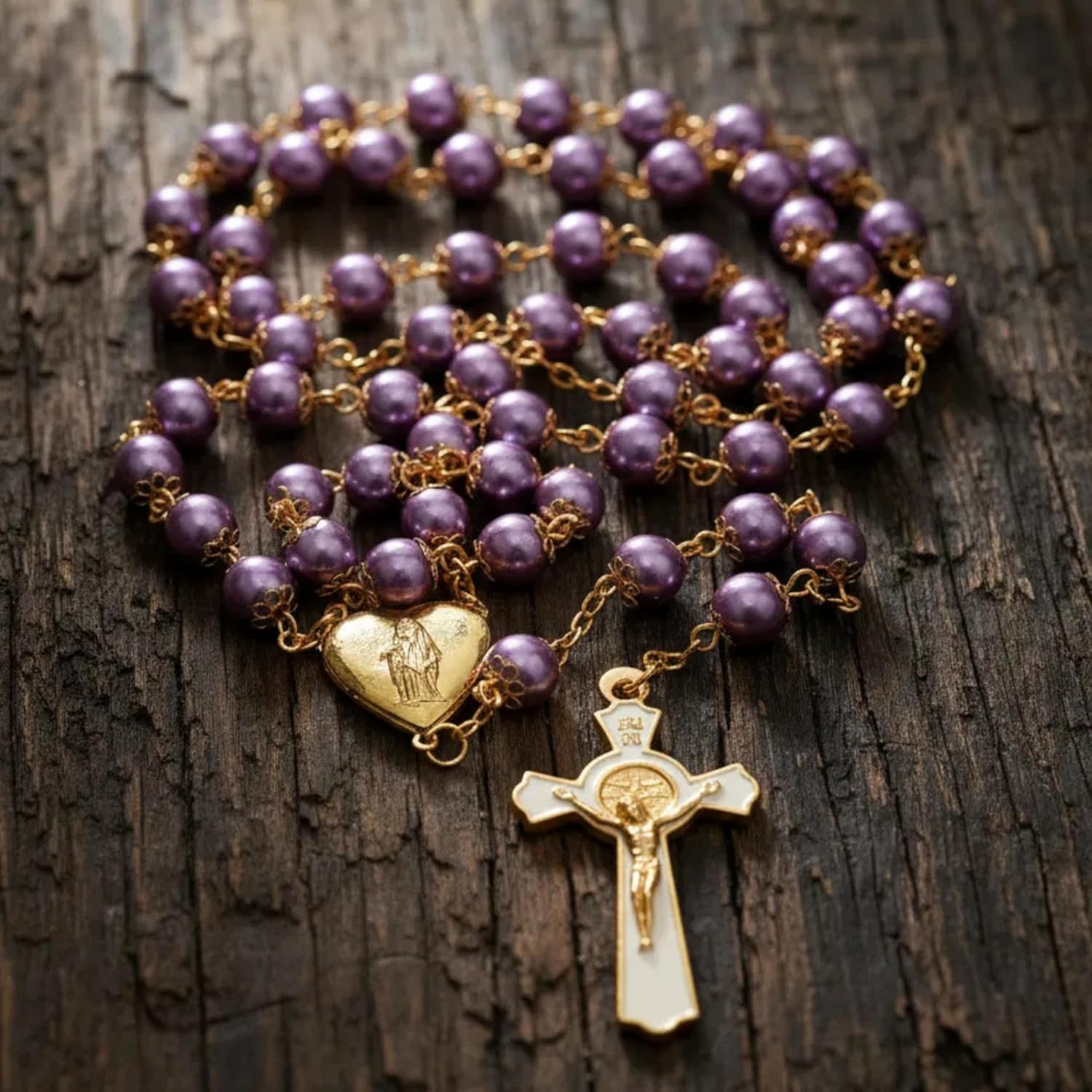 Nazareth Store Purple Pearl 8mm Beads Rosary Necklace Gold Prayer Chaplet with Miraculous Open Up Locket Centerpiece Medal and White Enamel Cross - Image 2