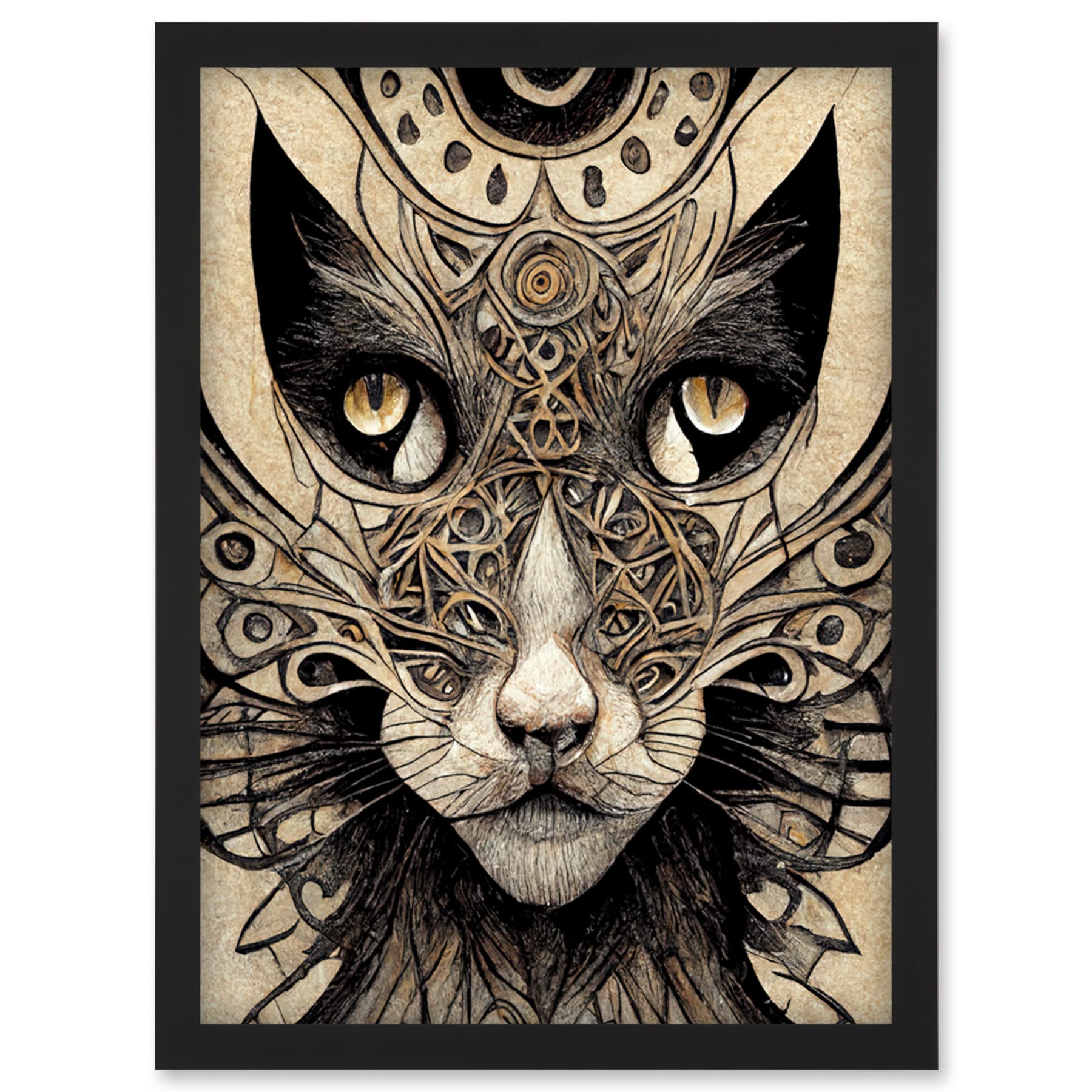 Abstract Cat Face Close Up With Tribal Patterns Textured Mask Artwork Framed Wall Art Print A4