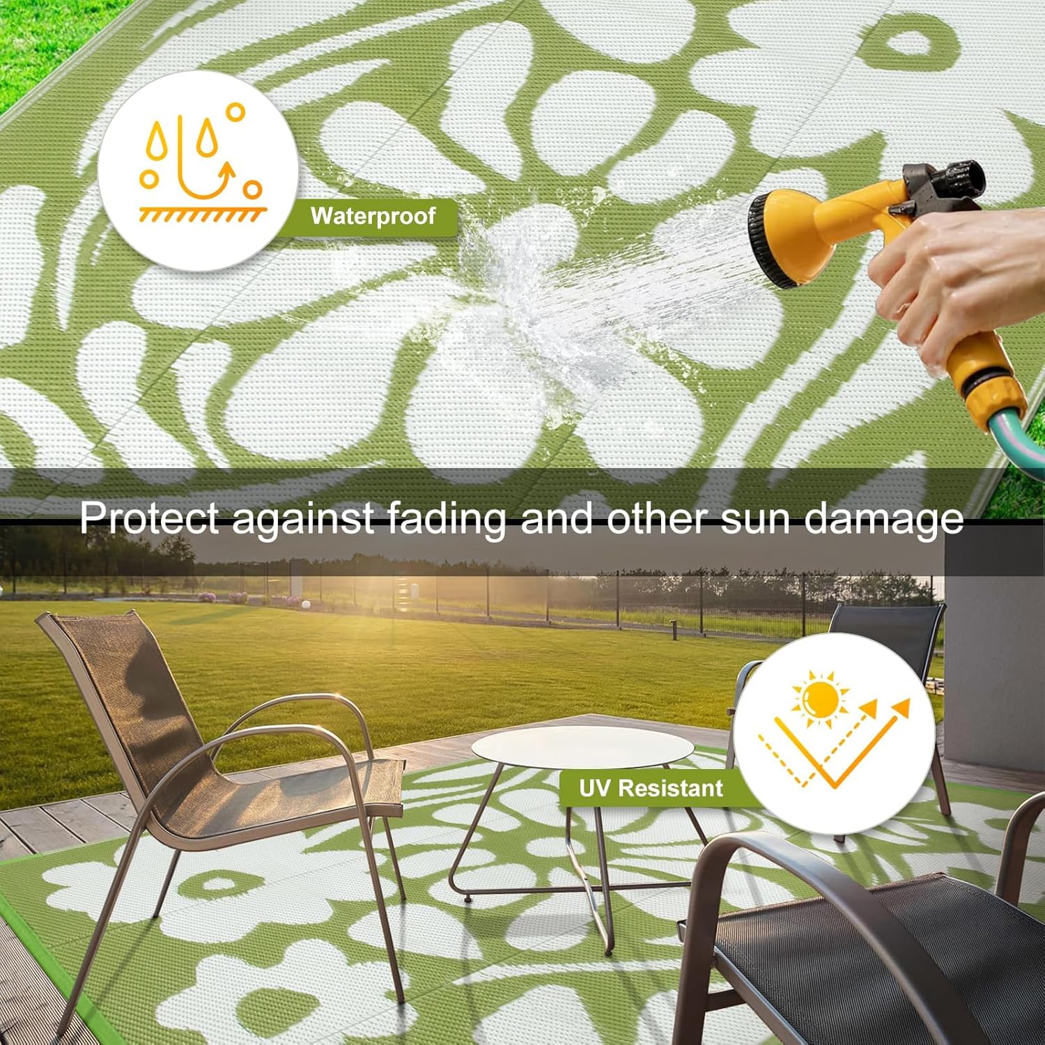 Uphome Outdoor Rug Mat Waterproof 5x8 ft, Reversible Outdoor Plastic Straw Rug, Green Floral Patio Rug, Foldable RV Camping Rug, Indoor Outdoor Area Rug for Backyard Deck Pool Balcony Picnic, 5'x8'