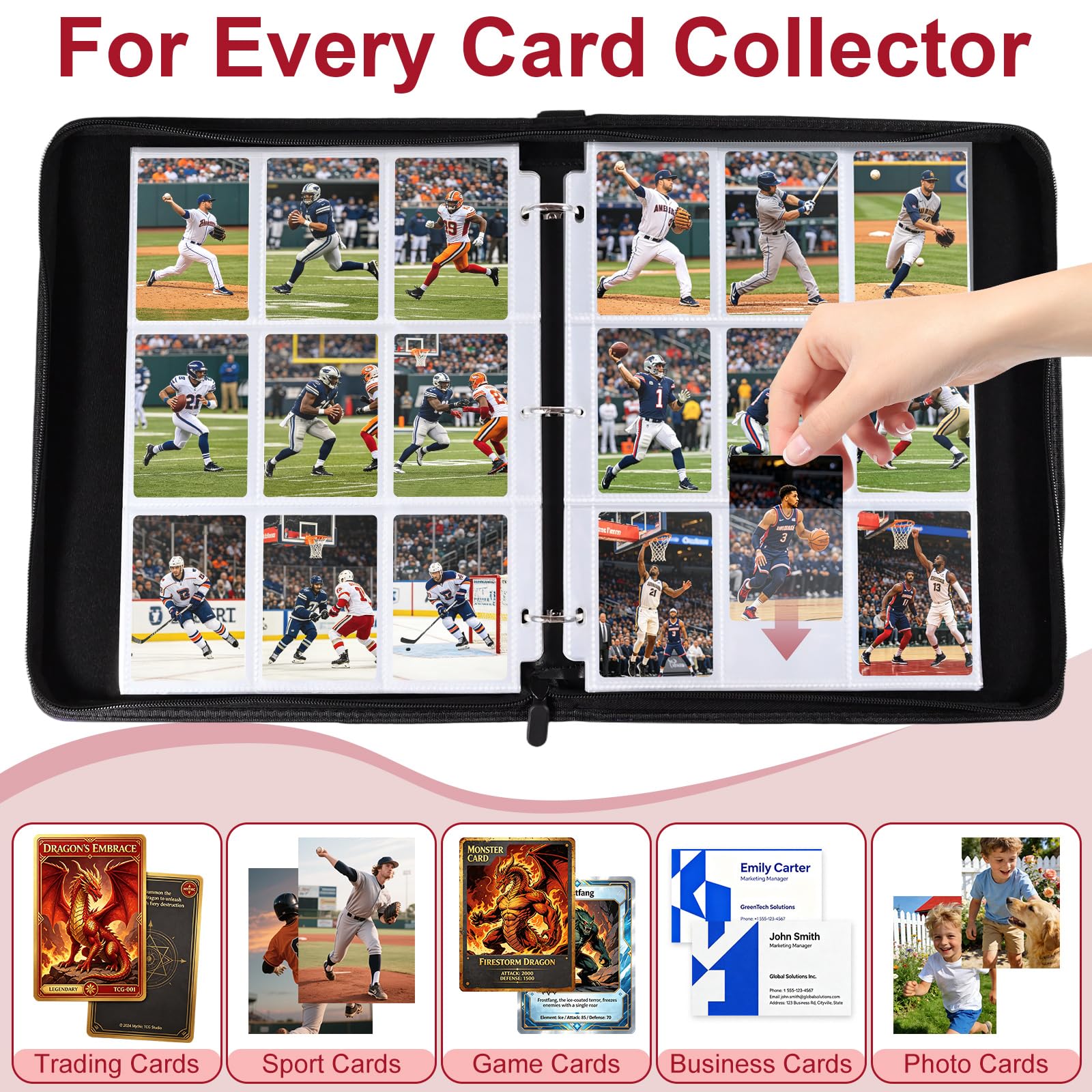 Confezione da 50 raccoglitori per carte collezionabili a 9 tasche, 3 anelli, di alta qualità, con cerniera, 900 grandi capacità di archiviazione per carte sportive, in poliuretano, per TCG, MTG