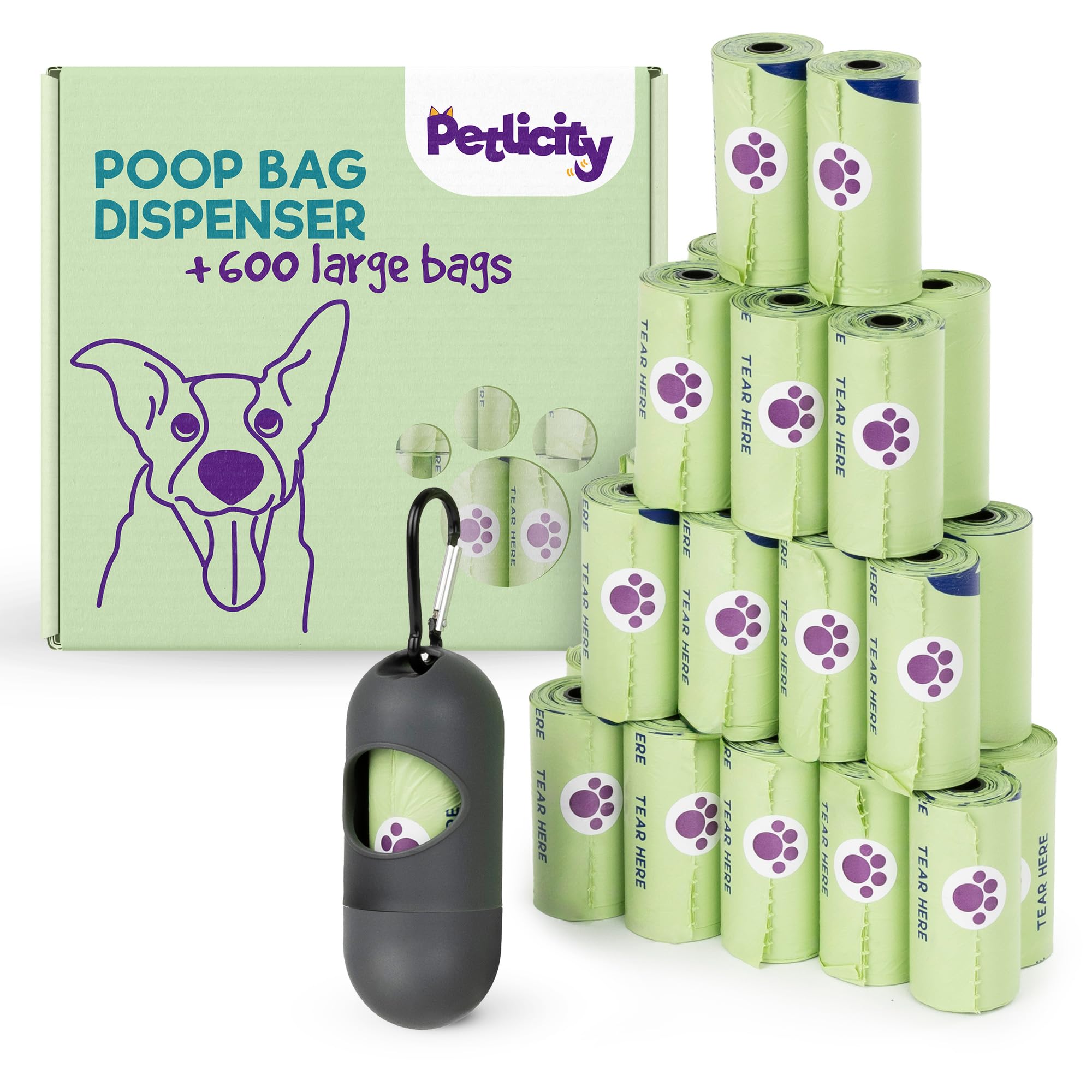 Petlicity Dog Poop Bags Dispenser with 600 Compostable Dog Poo Bags - Biodegradable Poo Bags Dogs, Leak Proof Dog Poop Bags Rolls with - Ideal for Walks, Travel and Garden - 40 Rolls
