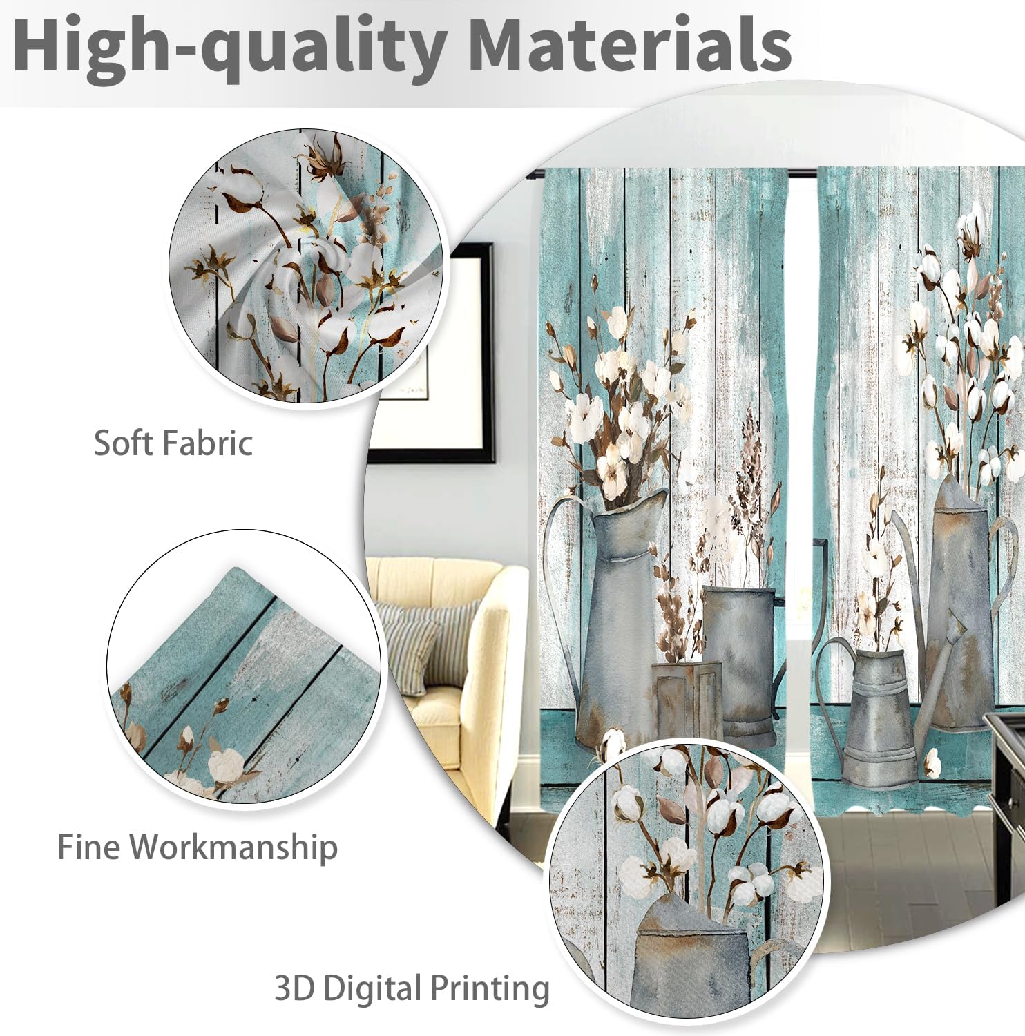 Farmhouse Teal Curtains Floral Turquoise Aqua Flower Rustic Vintage Retro Country Antique Art 42W x 63L Inches Rod Pocket for Bedroom Living Dining Room Window Drapes Treatment Fabric 2 Panels