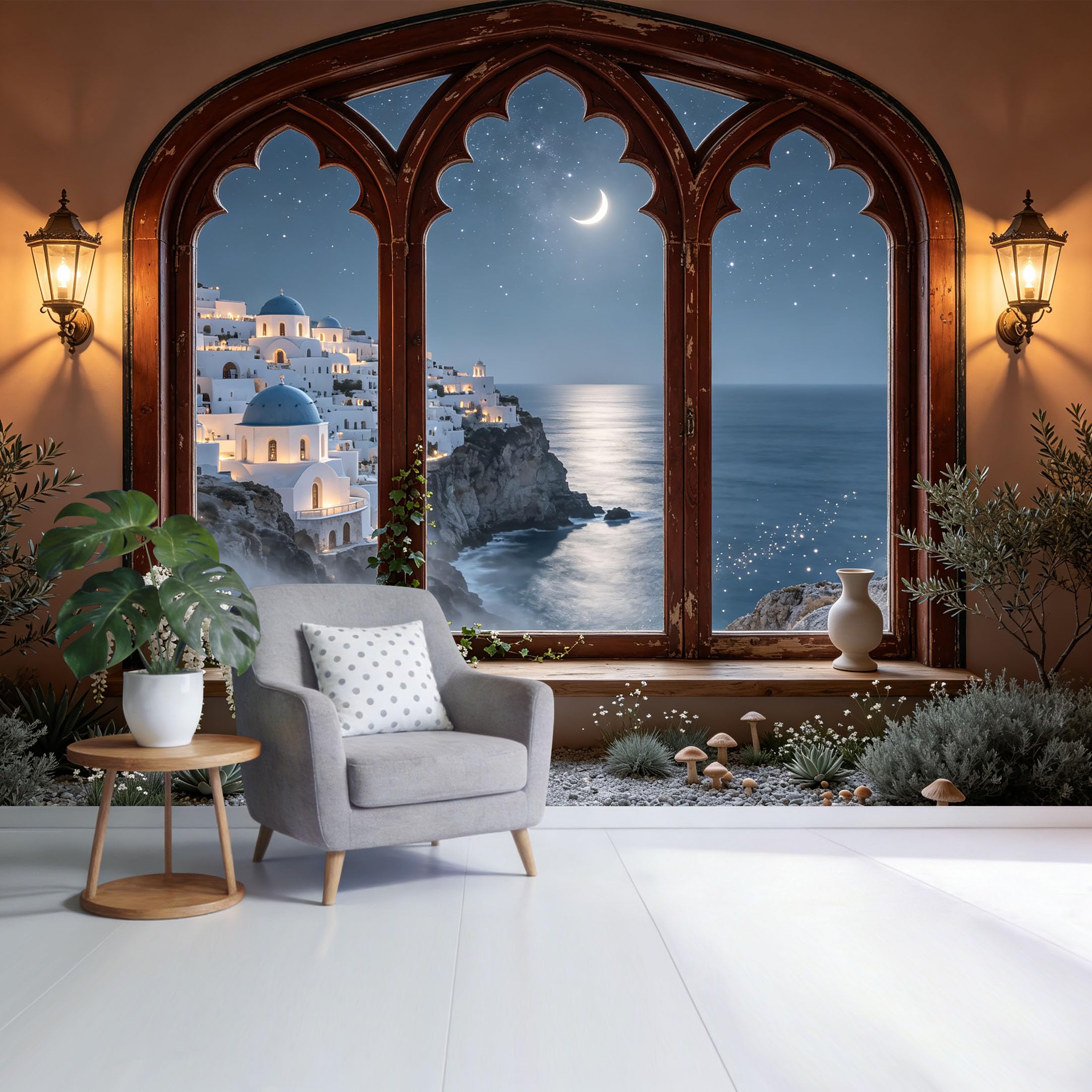 Custom Size Wall Mural Mediterranean Coastal Night Sea View Moonlit Architecture Trompe L'Oeil Removable Self Adhesive Fabric Home Wall Decor for Living Room Bedroom Bathroom