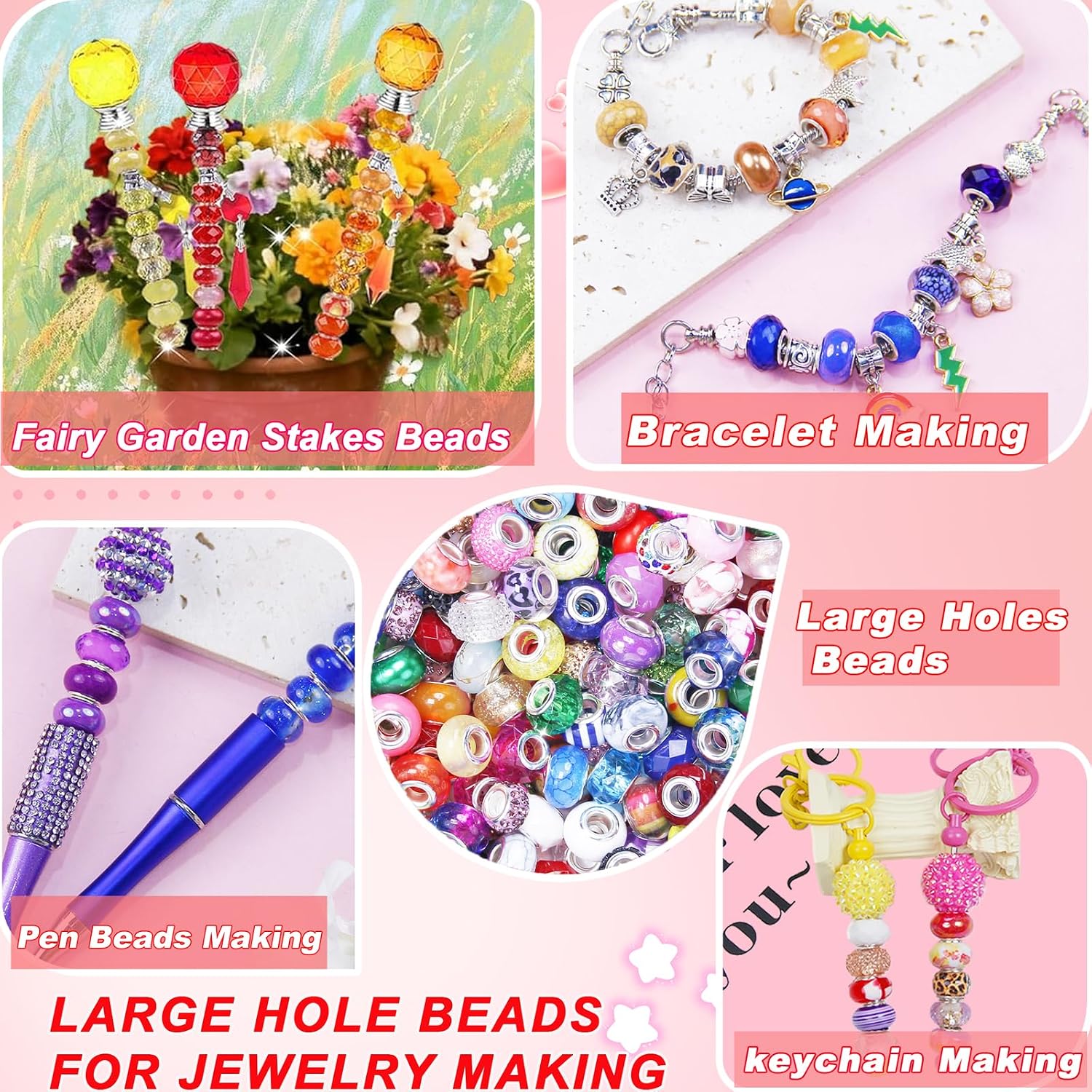 100 Pcs Large Hole Beads Assorted Black White Red European Craft Beads Large Hole Spacer Bead Lampwork Murano Fairy Wand Garden Big Bead for DIY Pen Charm Bracelet Keychain Decorative Jewelry Making