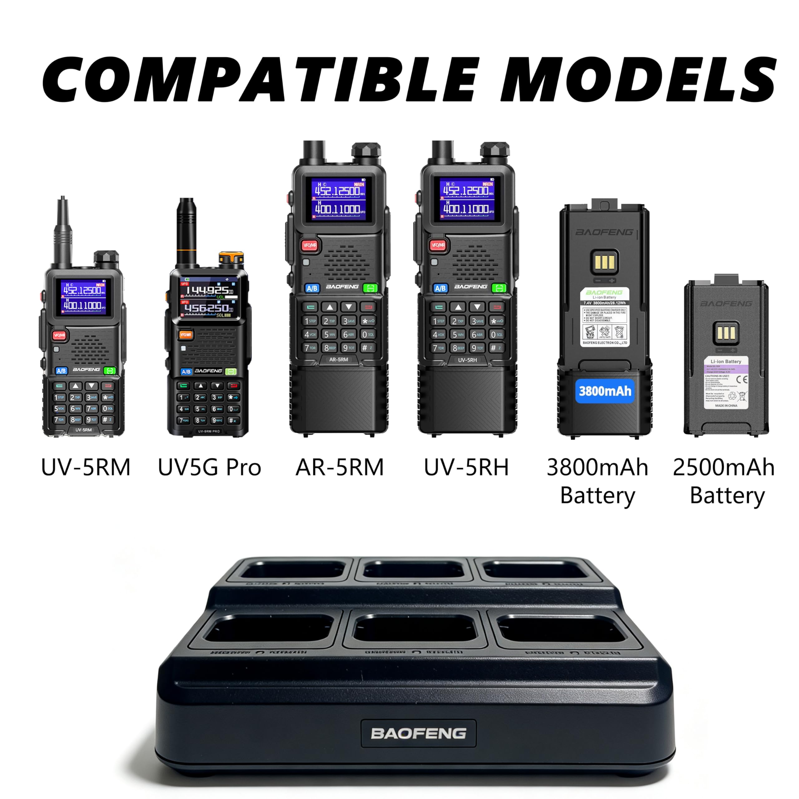 BAOFENG Cargador UV5RM de seis vías para estación de carga rápida AR-5RM/UV5RH Multi Unit con protección de sobrecarga y luces LED, ahorro de espacio Walkie Talkie y base de carga de batería