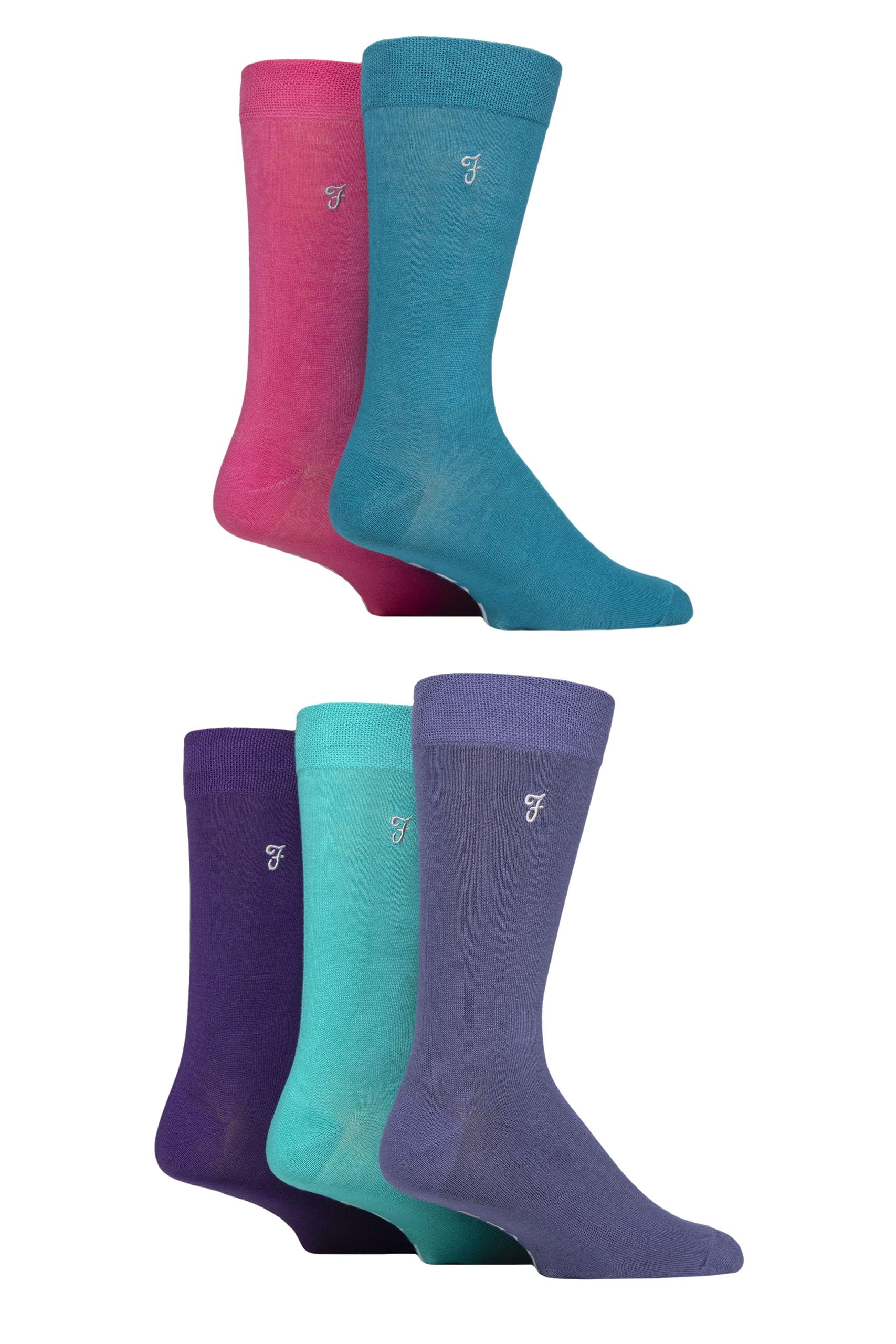 Farah Mens Bamboo Socks Plain and Patterned Striped Argyle Spotty Designs, Bright Colourful, Gift for Him, 5 Pairs - Plain Teal/Pink/Purple 6-11