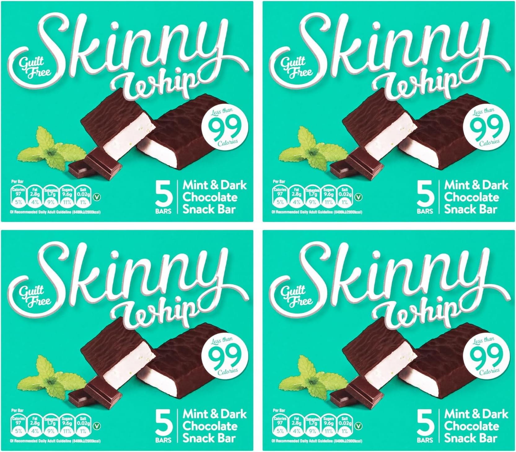 New Skinny Whip Snack bars less than 99 Calories 5 Variations Multi-Pack (Mint & Dark Chocolate, 4 Boxes)