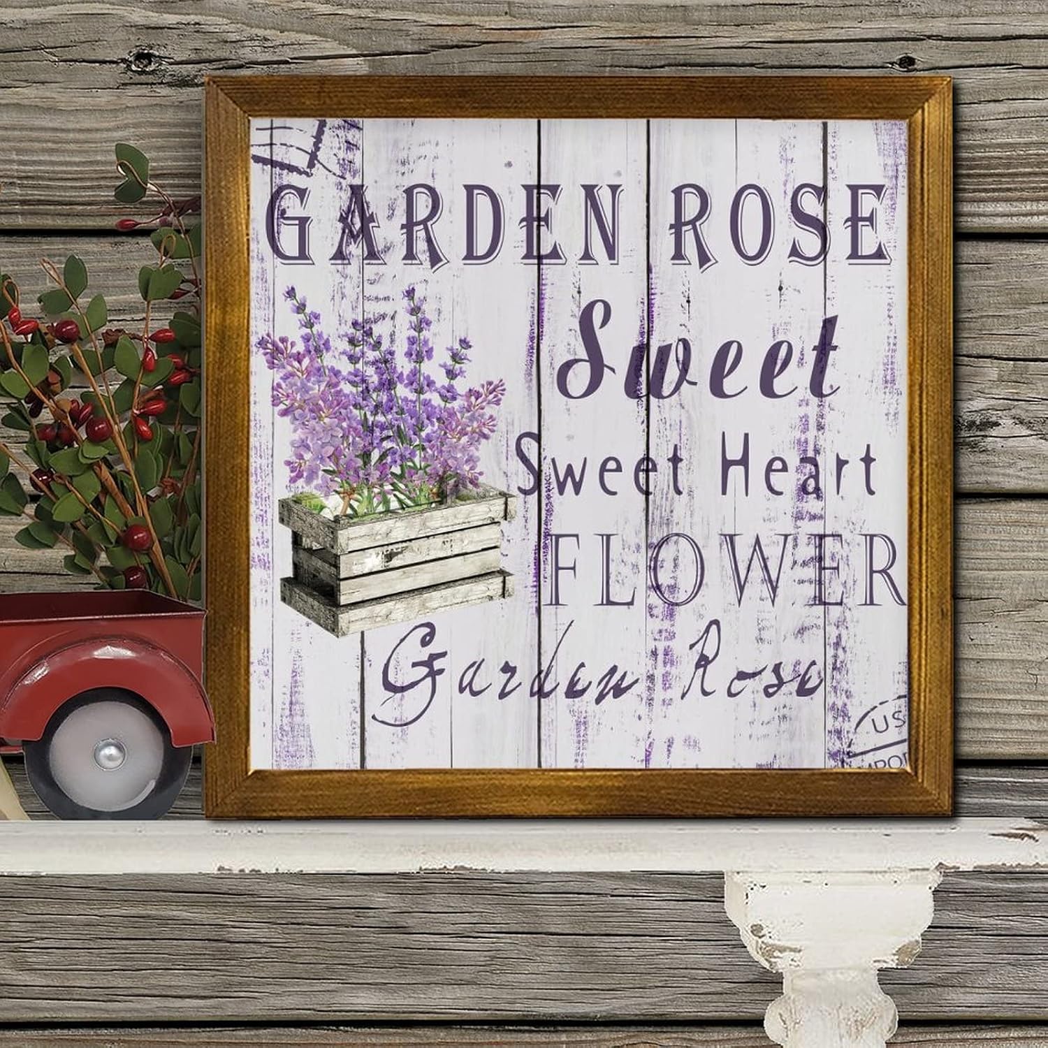 Garden Rose Sweet Heart Wood Framed Signs Vintage French Lavender Flower Positive Wall Plaque Classic Botanical Artwork Wall Art Hanging Farmhouse Decoration Plaque for Home Kitchen Garden 12x12 inch