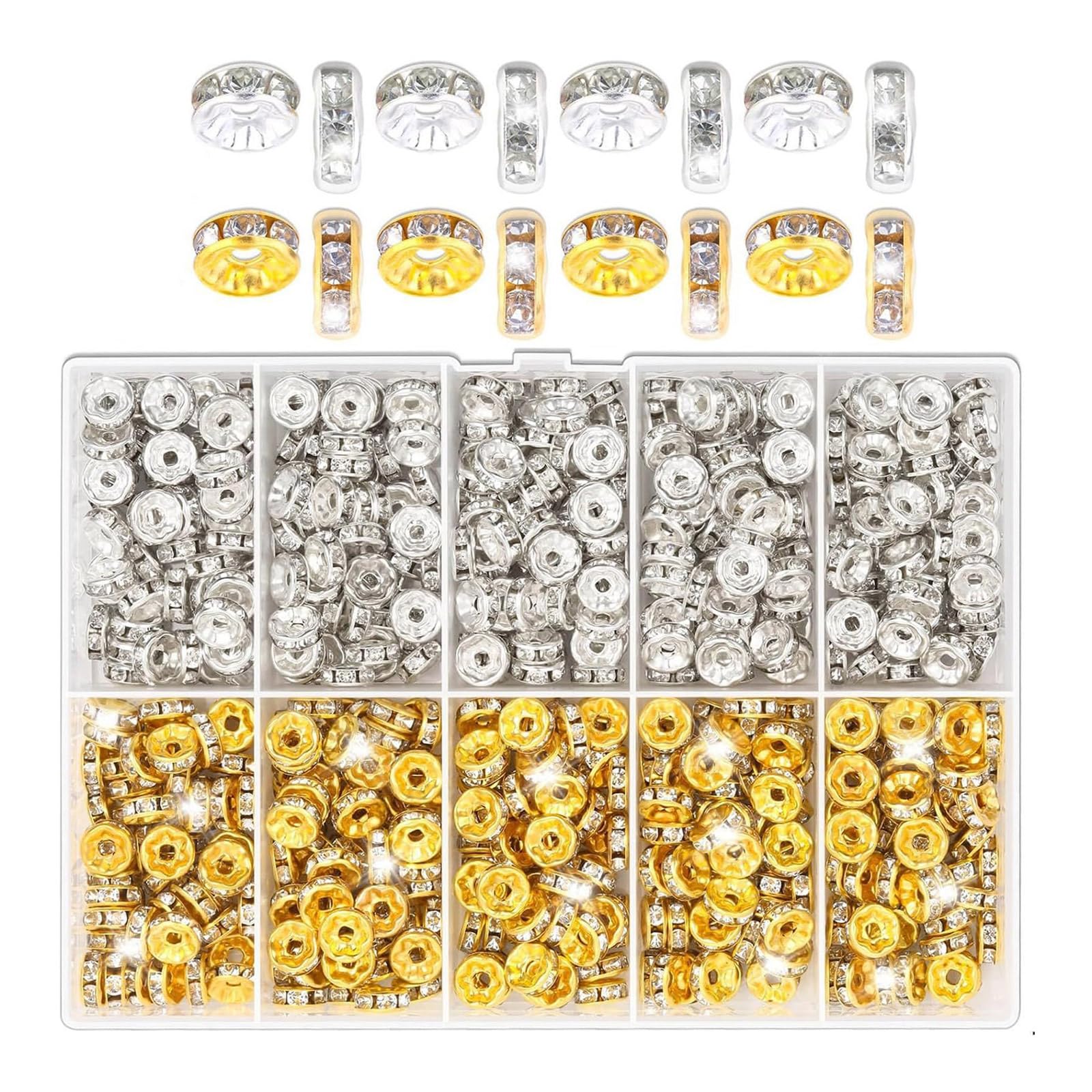 Tsophreniq 600/720 / 900Pcs Sparkling Rondelle Spacer Beads 8mm Rhinestones Spacer Beads Flat Round for Jewelry Making with Box Rhinestones