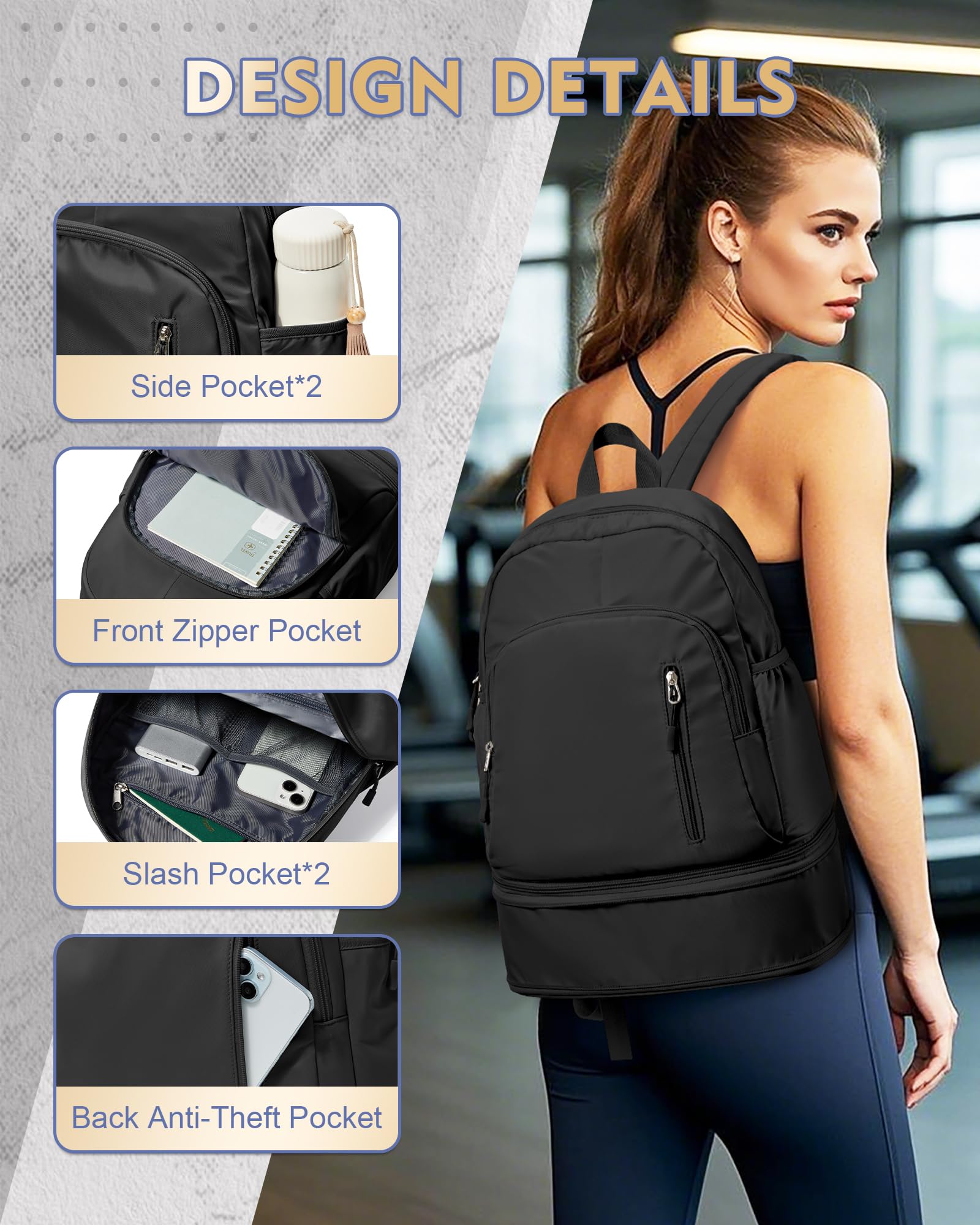 Gym Rucksack damen Sportrucksack mit Schuhfach und Nasstasche,Wasserdichter Freizeitrucksack Sportrucksack Sporttasche für Schwimmen Yoga,Handgepäckrucksack Reise-Laptop-Rucksack,Schwarz