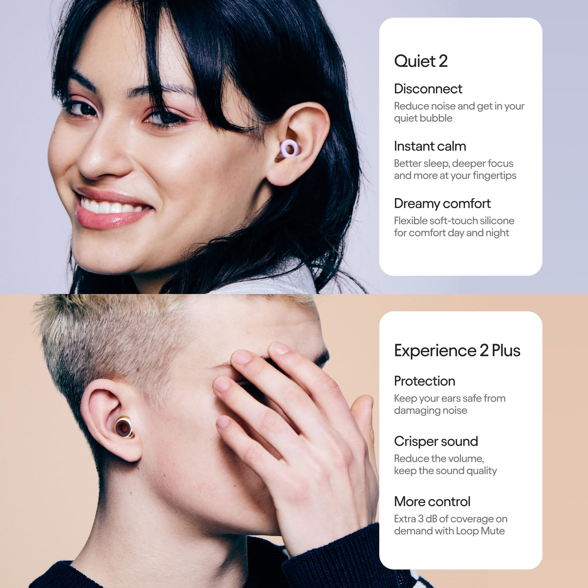 Loop Earplugs, coffret Jour & Nuit Plus (lot de deux) – Quiet 2 + Experience 2 Plus | Bouchons d’oreille réutilisables pour le sommeil, la concentration, la sensibilité au bruit