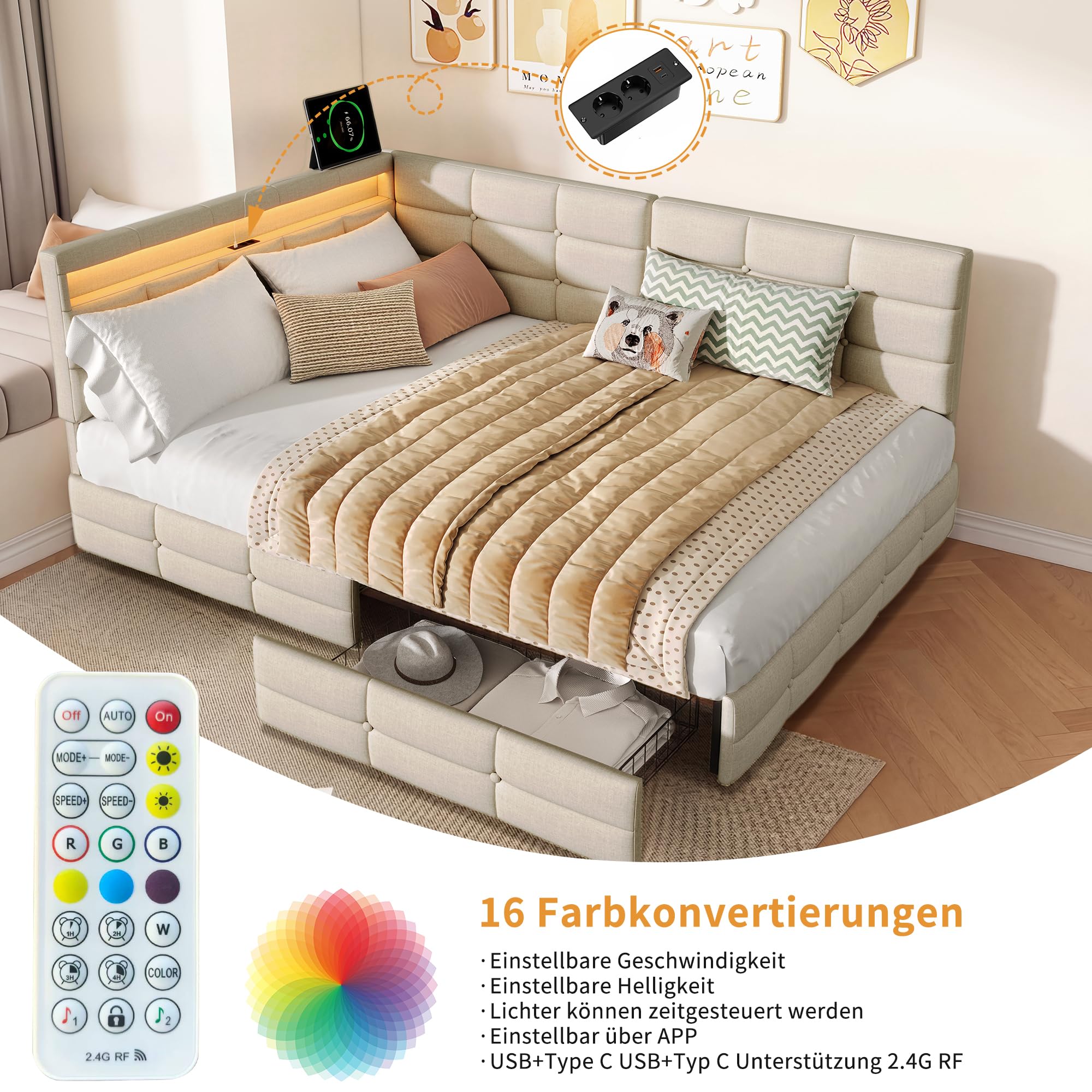 łóżko tapicerowane/sofa 140 x 190 cm, z oświetleniem LED i stacją ładowania USB, łóżko młodzieżowe/tapczan z miejscem do przechowywania i 2 szufladami, łóżko dla gości/rama łóżka ze stelażem