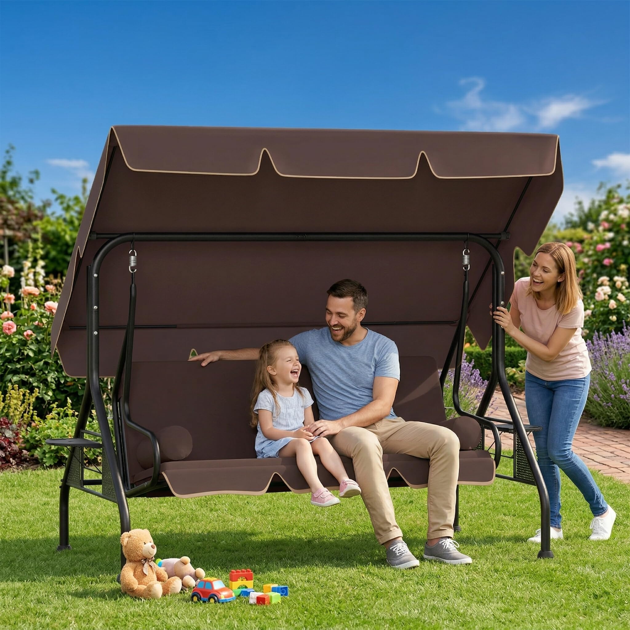 UISEBRT 3-Sitzer Hollywoodschaukel mit Liegefunktion,Gartenschaukel mit Verstellbare Sonnendach,2 Kissen, 2 Tabletts,Outdoor Schaukelbank bis 350kg belastbar für Garten, Pool, Terrasse,Braun