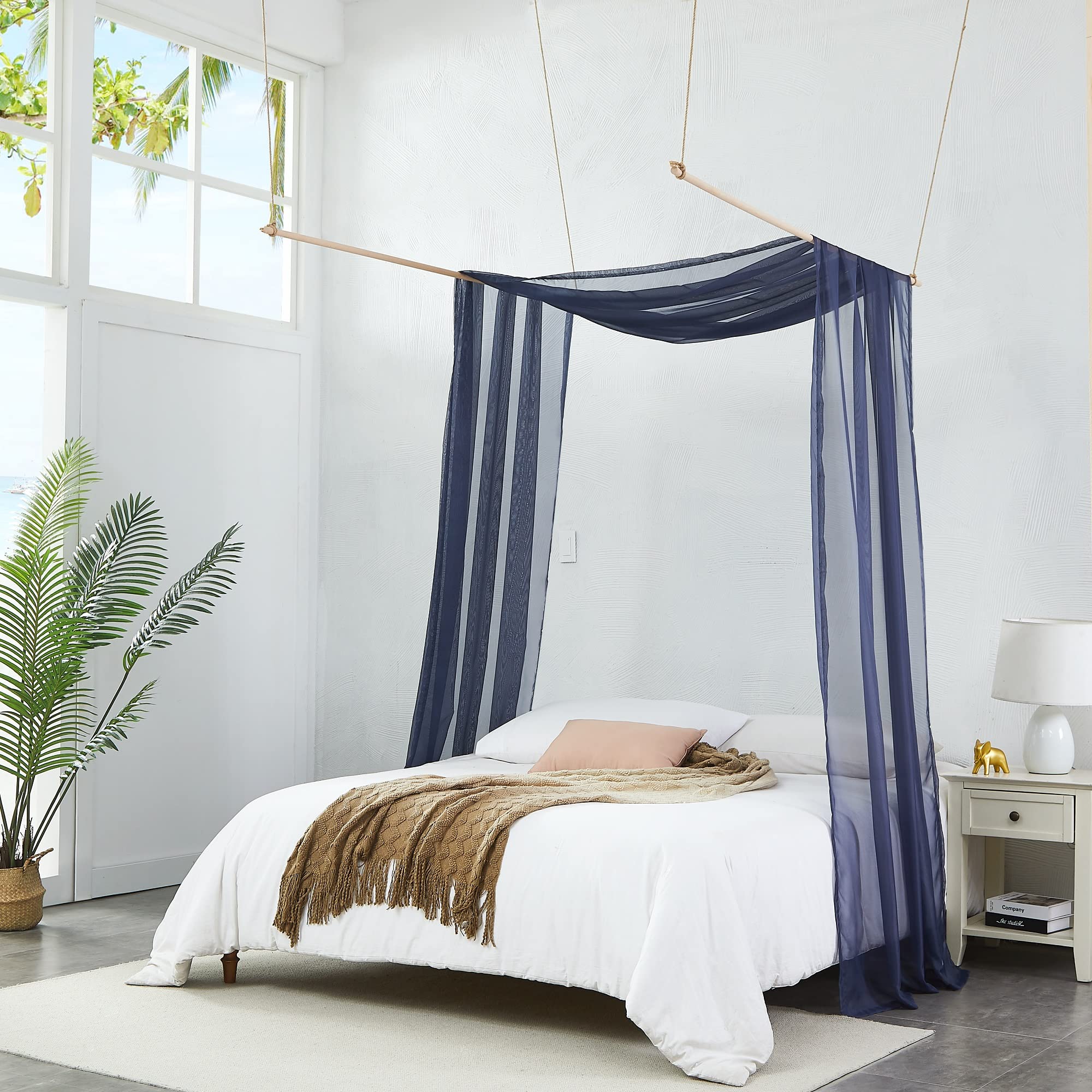 Warm Home Designs Set of 2 White & Navy Blue Canopy Bed Curtains in 55 x 216 Inch Size. 2 Queen Bed Canopy Curtains Can Be Turned Into Kids Bed Tent or Bed Canopy for Girls. BE White & Navy 216