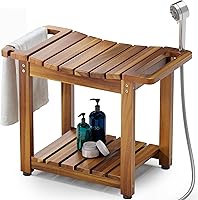 BLUEWEST Acacia Wood Shower Bench with Storage Shelf - Waterproof Seat for Seniors, Shaving Stool with Handle & Shower Head Holder