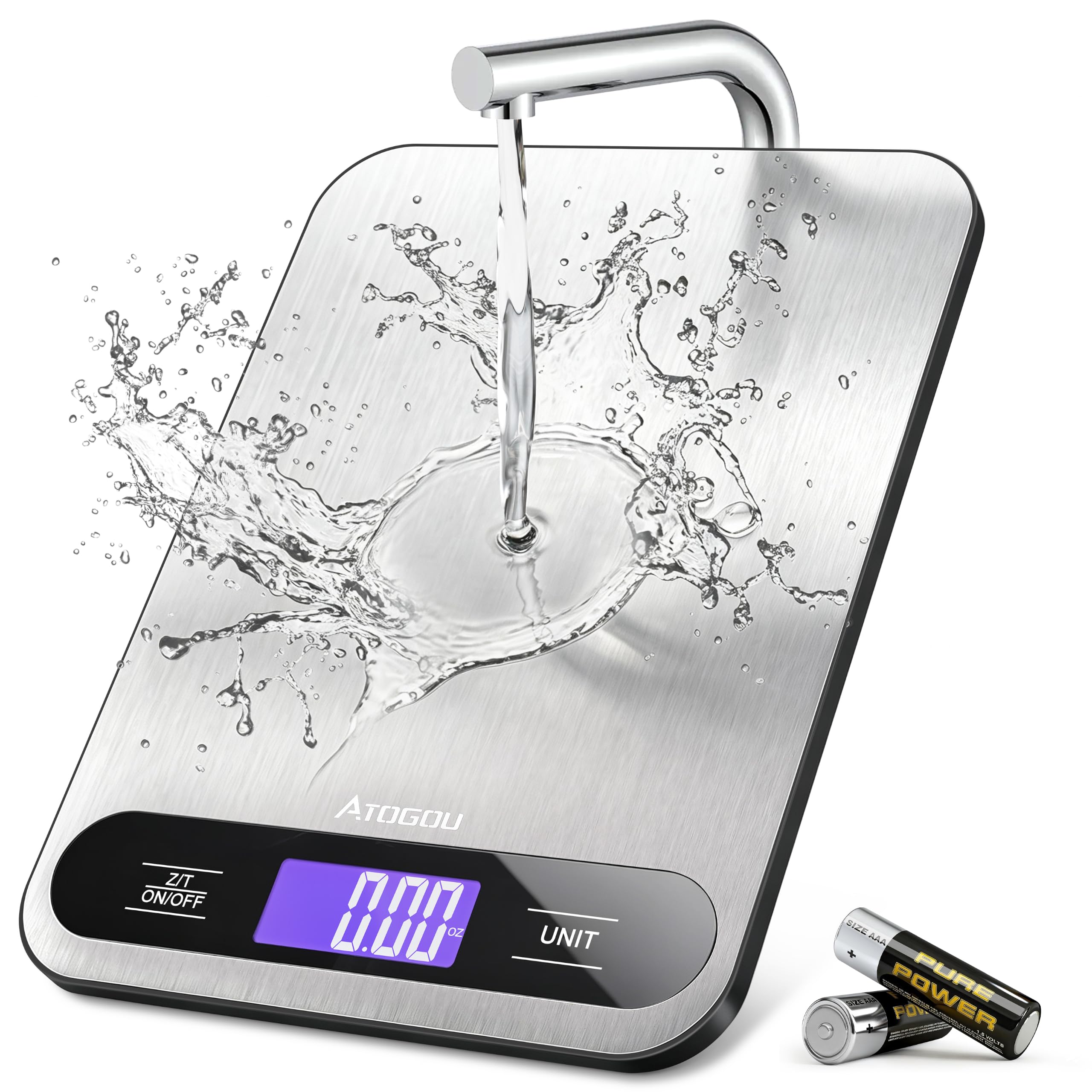 Atogou Báscula digital de cocina de 15 kg con pantalla LCD de visión completa | Superficie de acero inoxidable duradera, para cocinar, hornear, preparar comidas, color negro