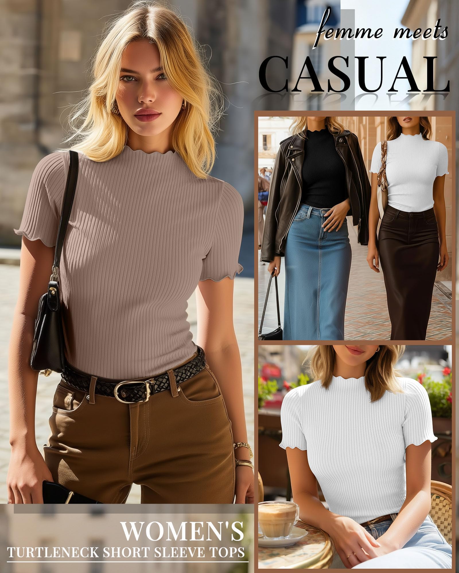 Geyoga 3 Top Donna Dolcevita Manica Corta | Top in Cotone a Manica Corta Con Tessuto a Costine E Bordo Ondulato. Elasticizzato, Vestibilità Aderente.