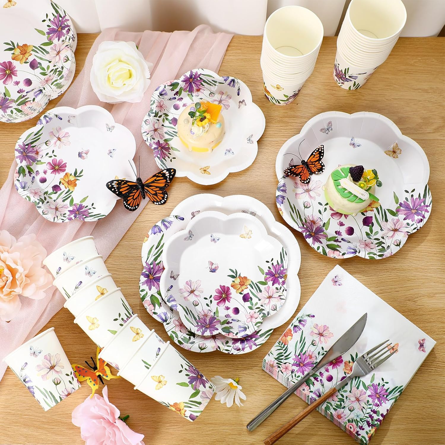 Newtay 250 Pcs Wildflower Disposable Plates and Napkins Floral Paper Tableware Set for 50 Guests Paper Plates Napkins Cups for Baby Shower Wedding Birthday Party Supplies