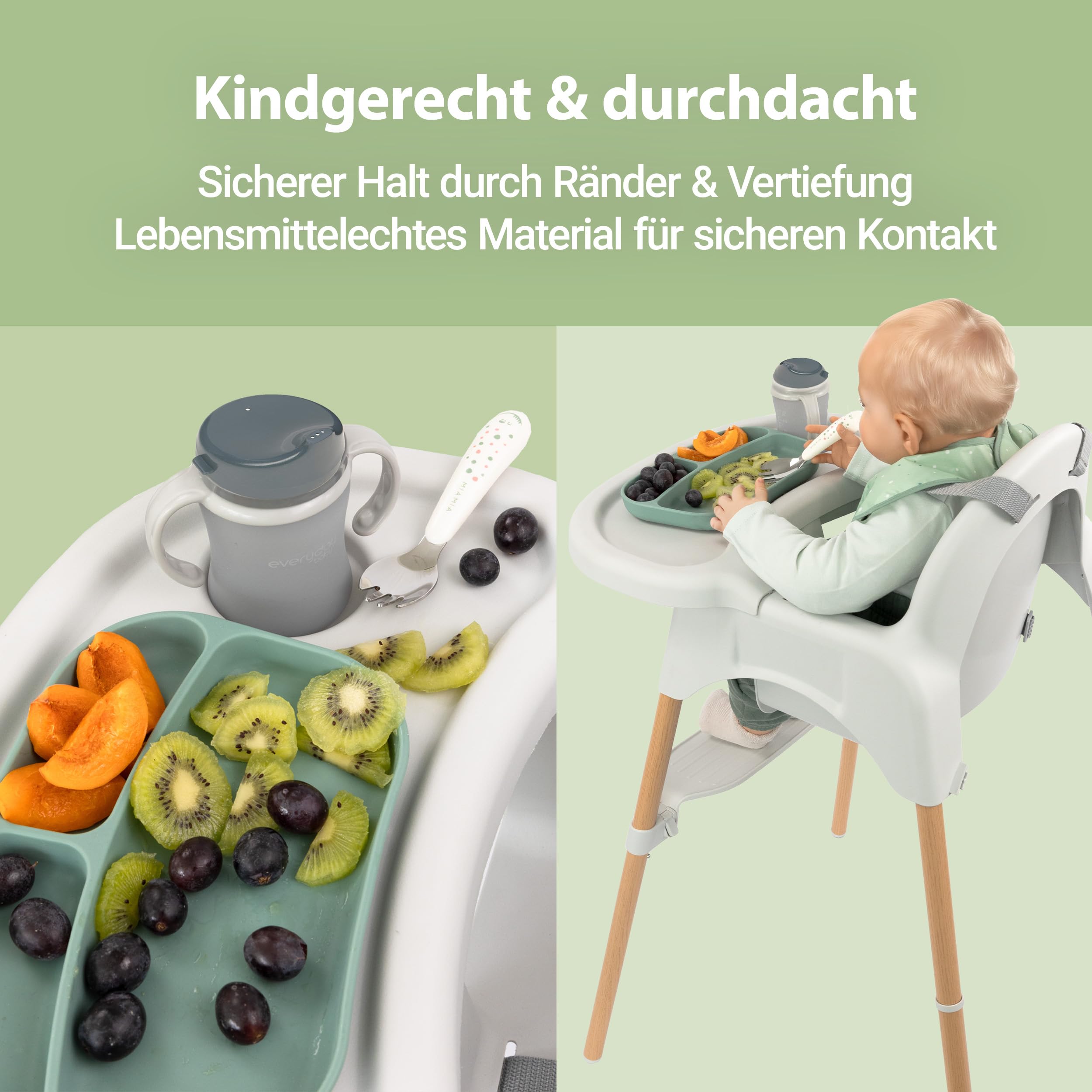 Zamboo Hochstuhl Baby ab 6 Monate | leichter Kinderhochstuhl (3,5 kg) mit edler Holzoptik, großem abnehmbarem Tablett und 5-Punktgurt | EN 14988:2017 geprüft, kippsicher, bis 15 kg - Grau