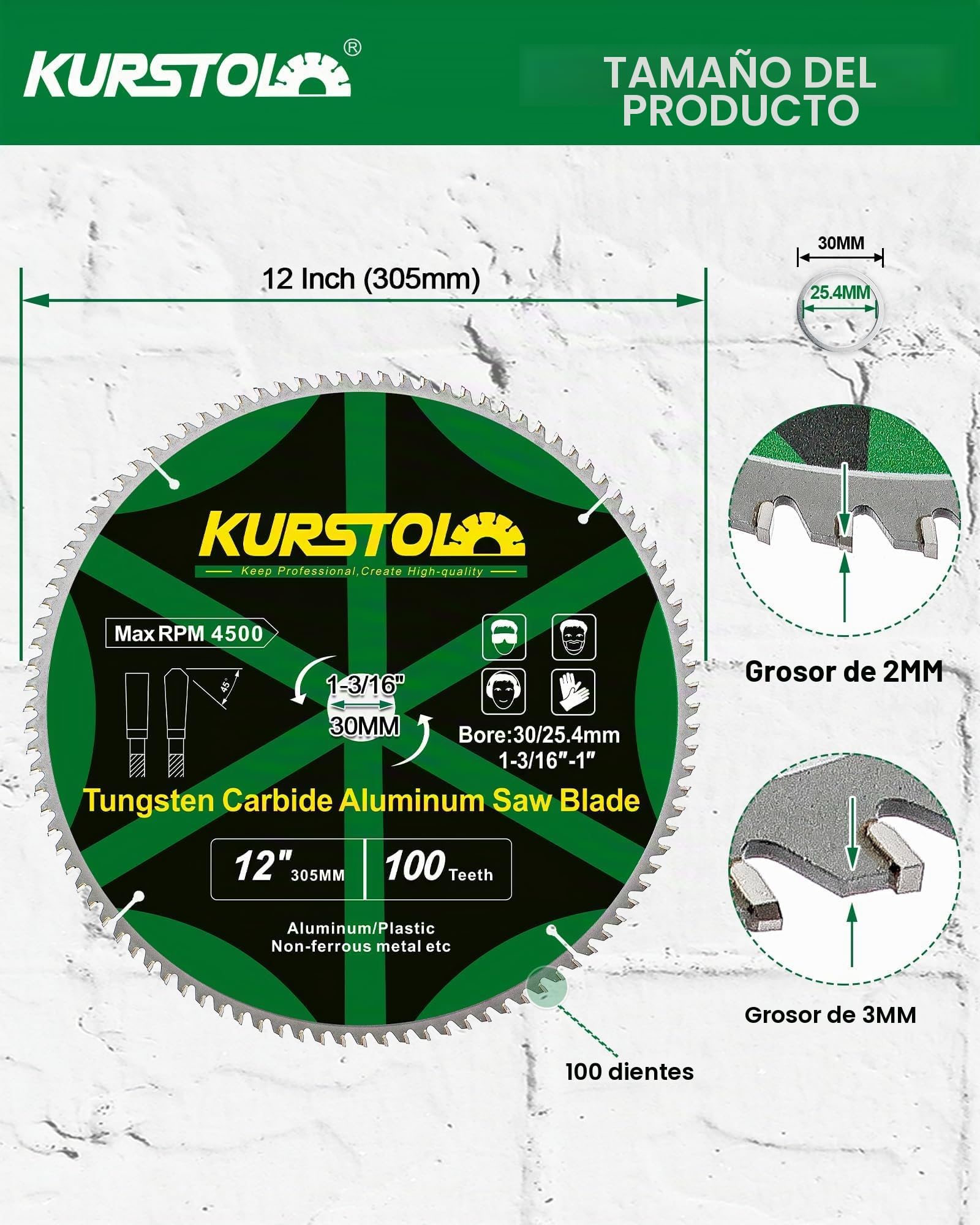 Hoja de Sierra Circular Aluminio 305 x 30 mm (con anillo 25,4 mm) 100T Disco Corte para Metales No Nerrosos Aluminio Plástico