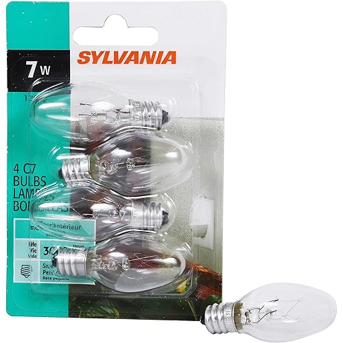 SYLVANIA Incandescent 7W C7 Night Light Bulb, E12 Candelabra Base, 40 Lumens, Clear Finish, 2850K, Warm White - (13545), 4 Count (Pack of 1)