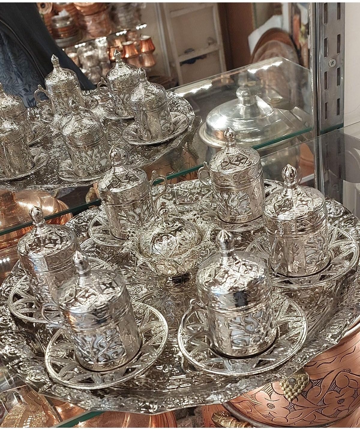 SODEF Turkish Coffee Cup Set 6 Person Copper Ottoman Design Tray and Candy Bowl Included, Silver Color, 80 ml Volume - Silver, One Size