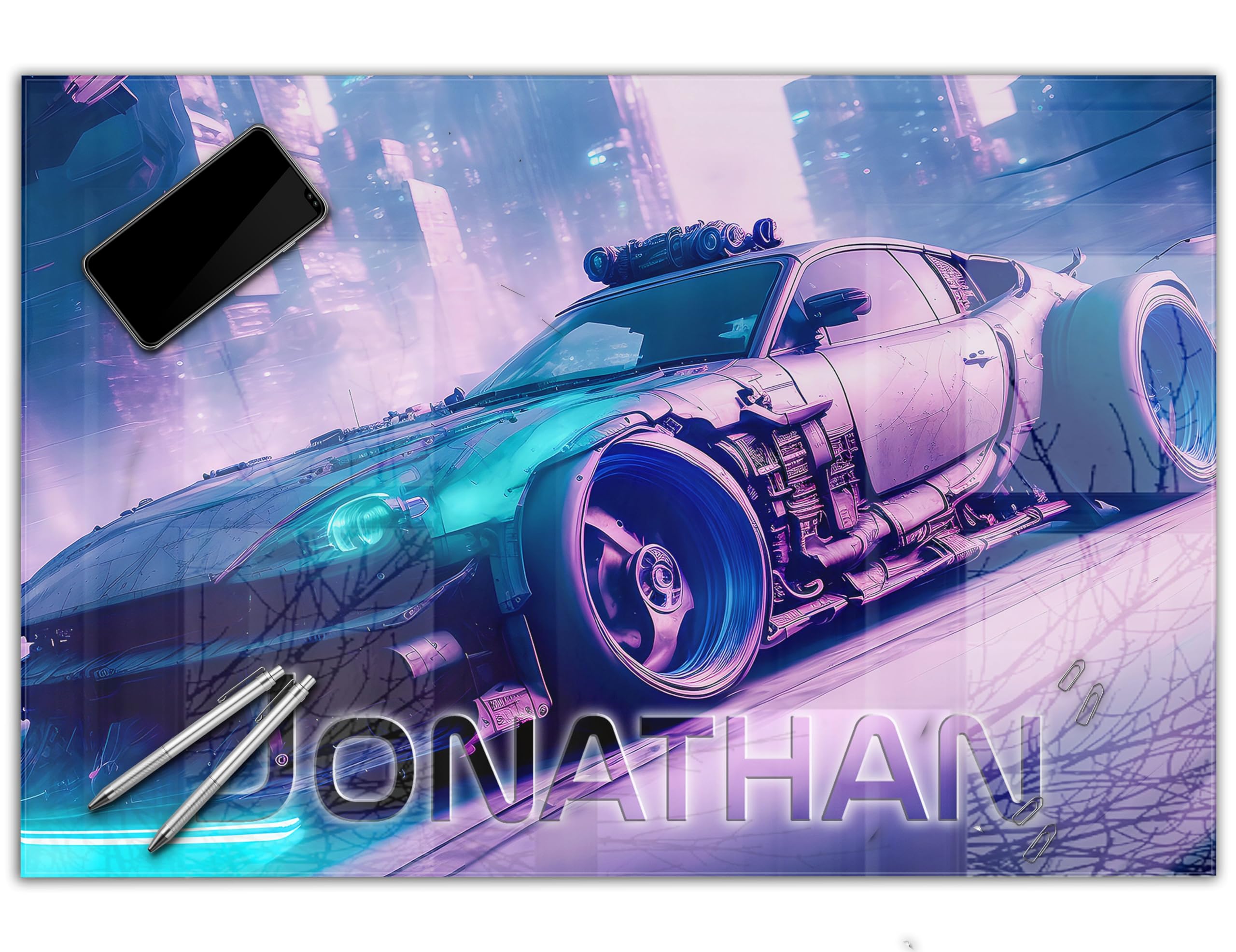 Gaming Schreibtischunterlage personalisiert mit Namen | 80 x 60 cm Rennwagen | wasserfeste Schreibunterlage, abwischbar, hochwertiges Acrylglas, Gamer Teenager Kunststoff
