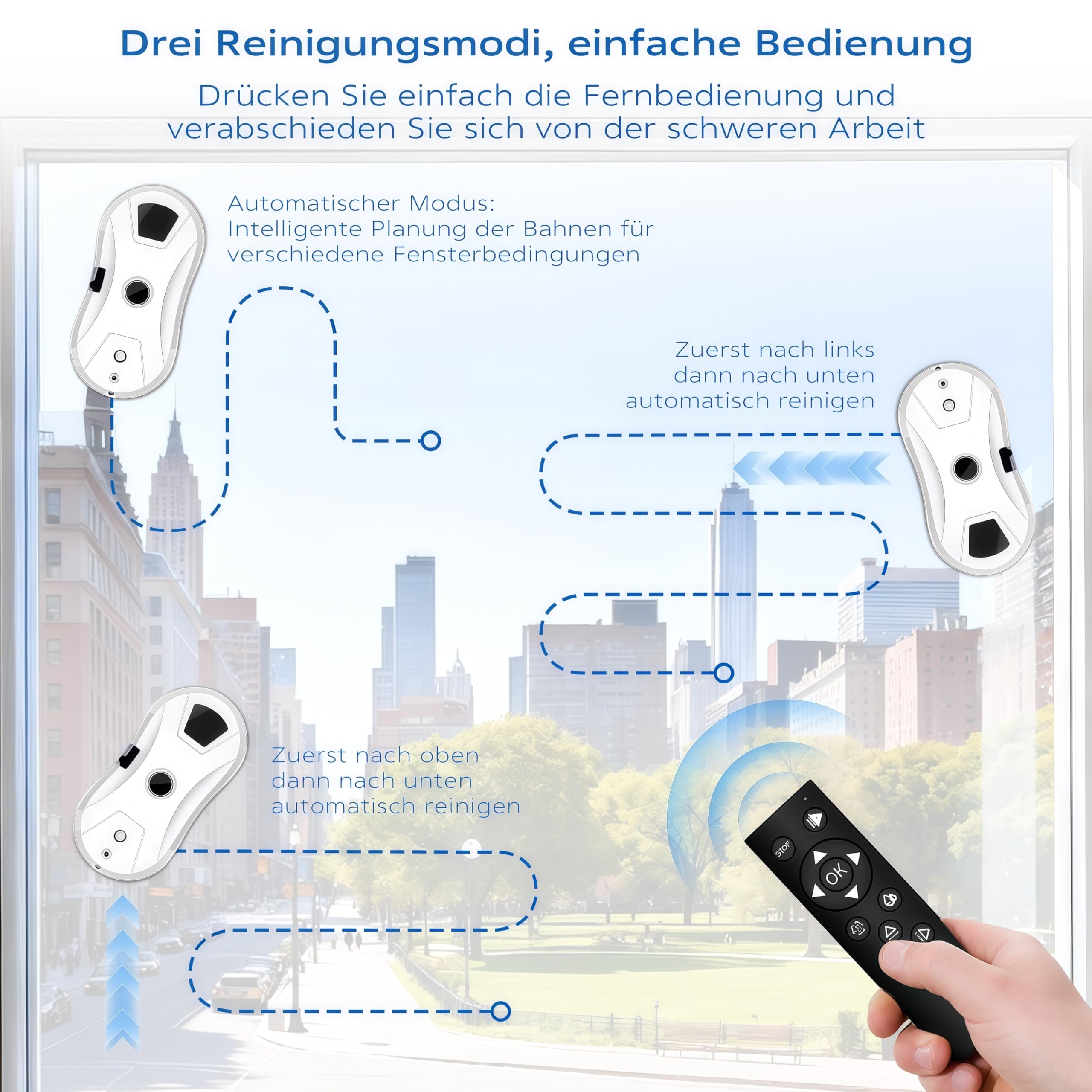 Fensterputzroboter mit Fernbedienung, 5600 Pa Fensterroboter mit Intelligenter Navigation & Kantenerkennung, 3 Automatische Reinigungsmodi, Nass & Trockenreinigung, für Fenster, Glas, Spiegel,Fliesen