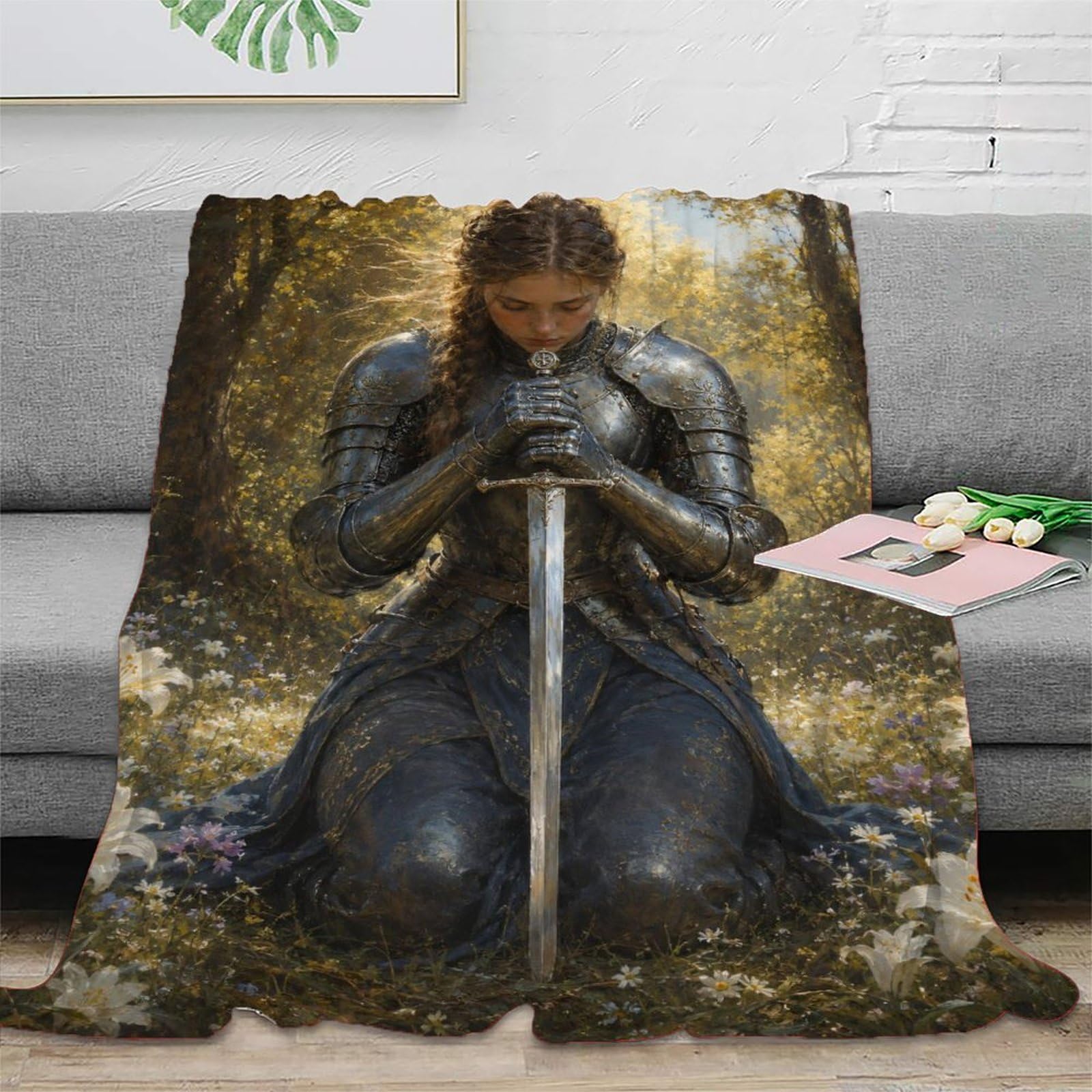 H3B8U2Y5 Medieval Female Knight Garden Blanket, Flannel, Dramatic Oil Style
