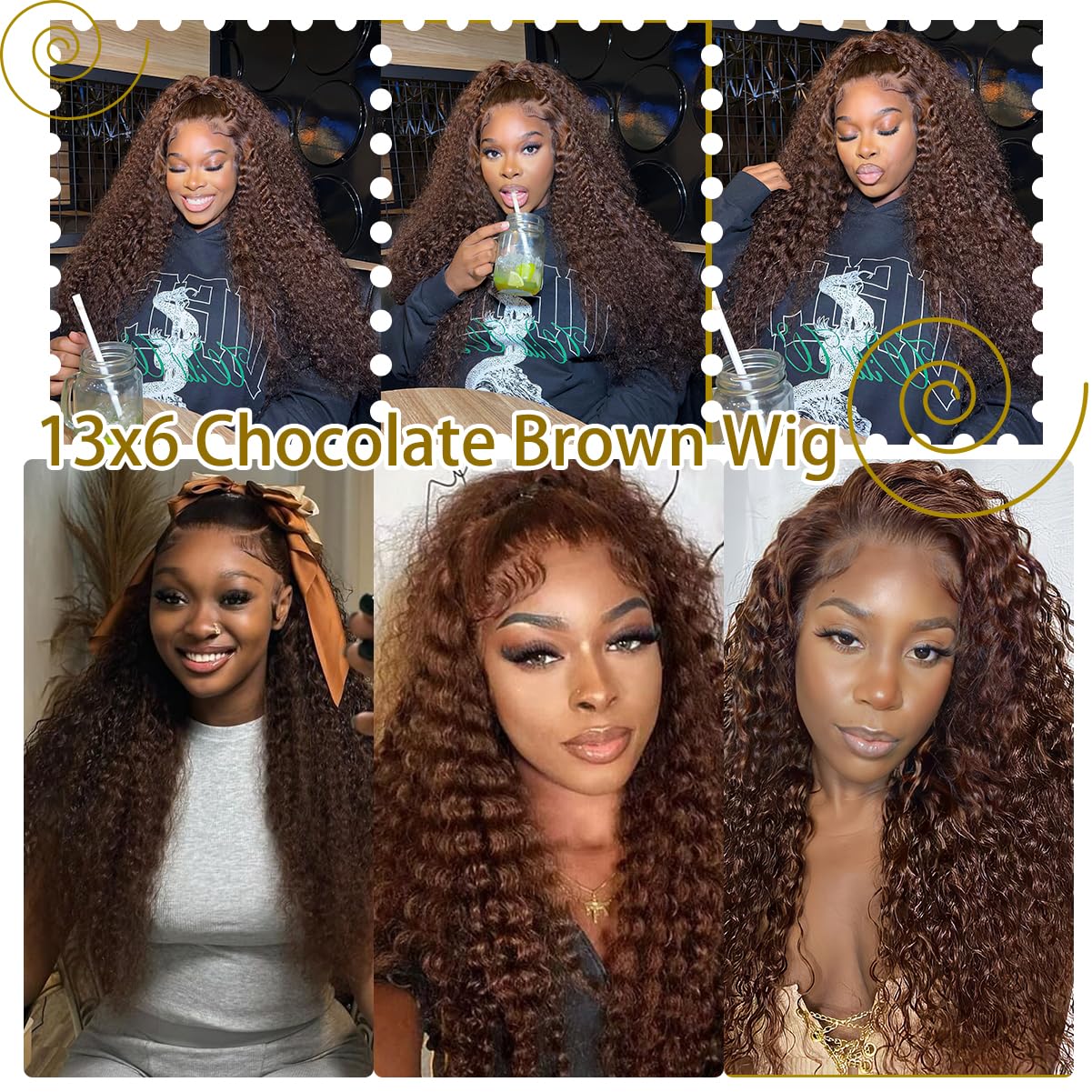 220% Density 13x6 Chocolate Brown Deep Wave HD Lace Front Wigs Human Hair for Women Glueless Brown Deep Curly Lace Frontal Wigs Brazilian Virgin Human Hair Wigs Pre Plucked with Baby Hair（26inch）
