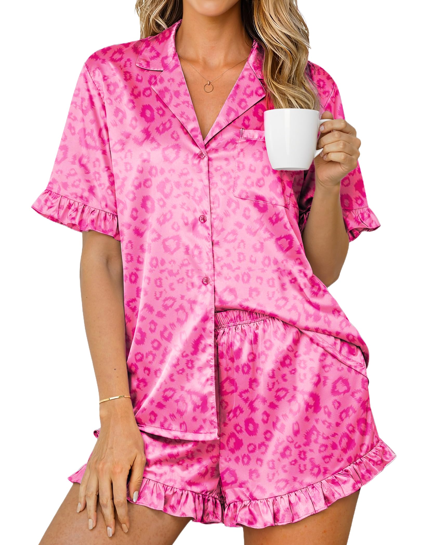 Ekouaer Womens Satin Pajamas Set 2 Piece Button Down Silk Pjs Ruffle Short Sleeve Shorts Set Notch Collar Sleepwear