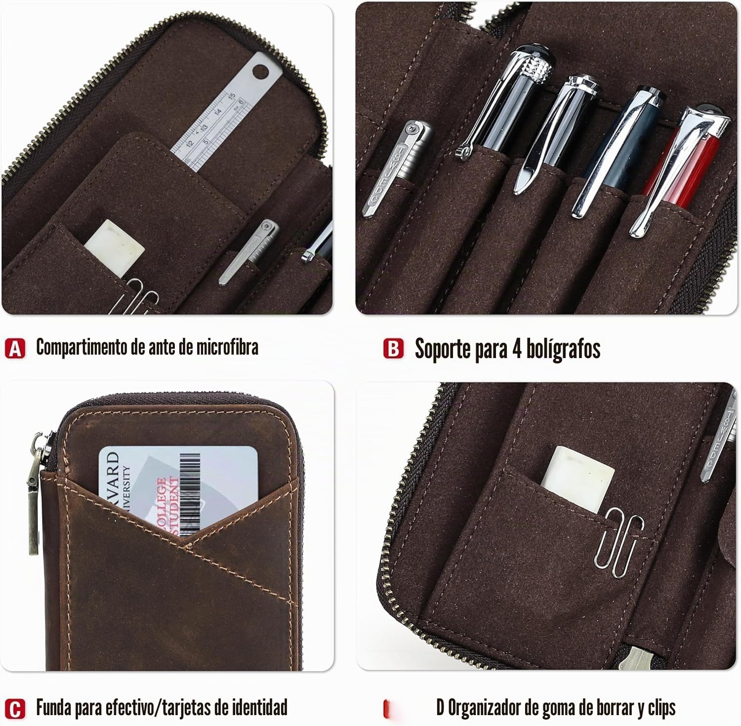 Contacts Estuche de piel auténtica hecho a mano, soporte vintage para bolígrafos, funda protectora para viajes, elegante accesorio de escritorio, caja organizadora de lápices, marrón oscuro, 19 cm x