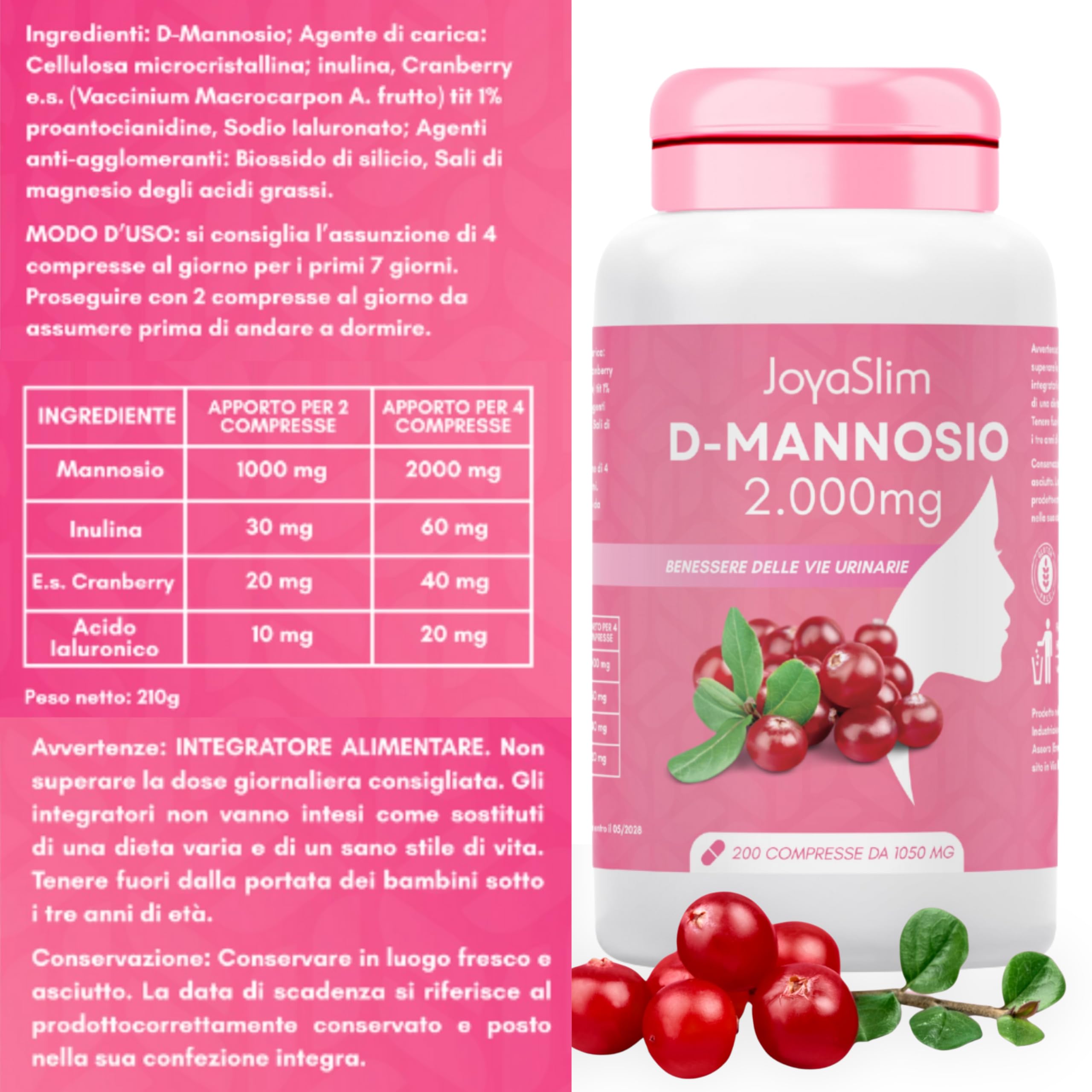 D Mannosio Puro 2000mg. JoyaSlim® Integratore Cistite e Candida. Con Acido Ialuronico, Mirtillo Rosso e Inulina. 200 Compresse (Fornitura 3 Mesi) Supporto Naturale Vie Urinarie Donna e Uomo