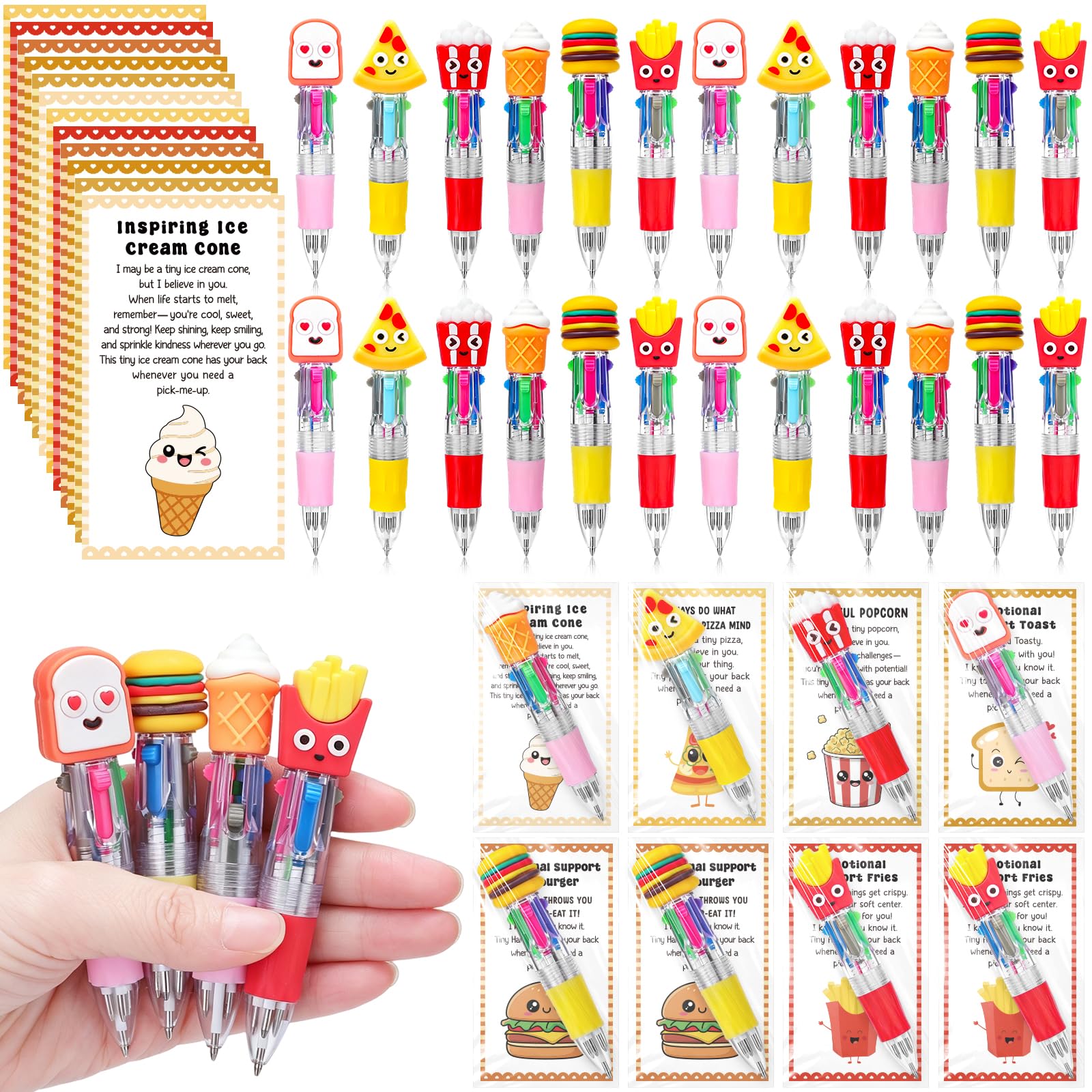 36 Sets Food Themed Party Gifts Bulk 4-in-1 Multicolor Pen with Inspirational Cards Fast Food Pen Hamburger Pizza Toast Fries Ice Cream Popcorn Cute Pens for Student Employee Coworker Office Supplies